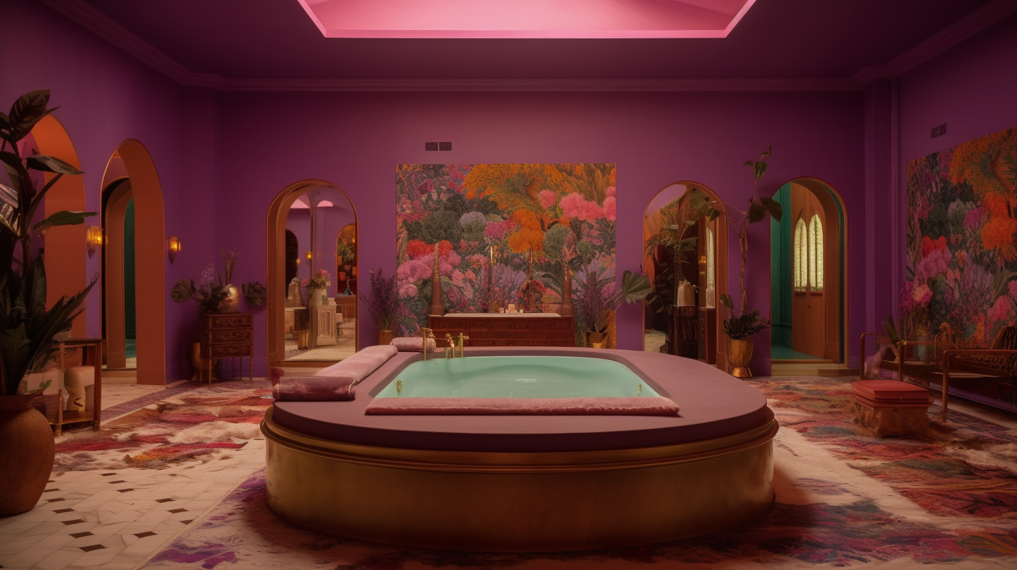 Luxuriöses Badezimmer mit lila Wänden, zentralem Whirlpool, farbenfrohen Wandgemälden, Pflanzen, dekorativen Gegenständen und eleganten Möbeln.