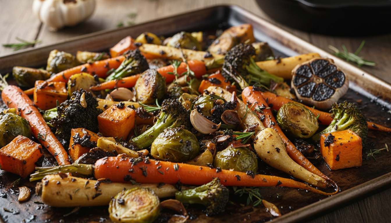Roasted vegetables in black garlic