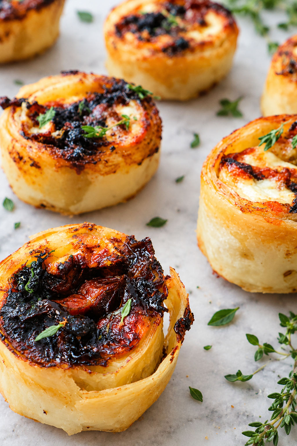 Filo wheels with black garlic, brie and plum
