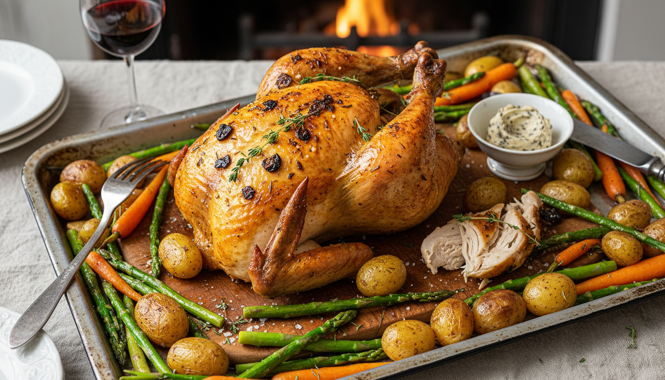 Roast Chicken with Black Garlic Butter & Spring Vegetables
