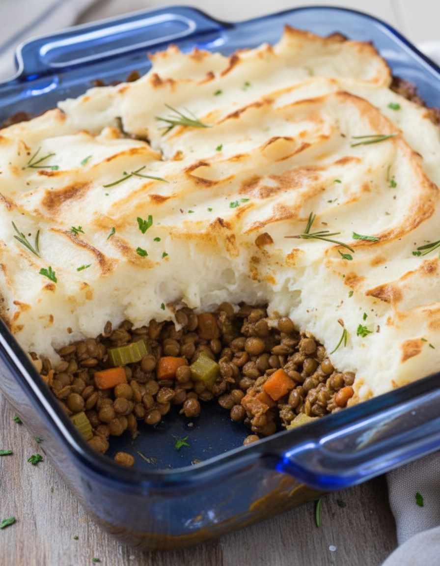 vegan shepherd's pie with lentils and black garlic