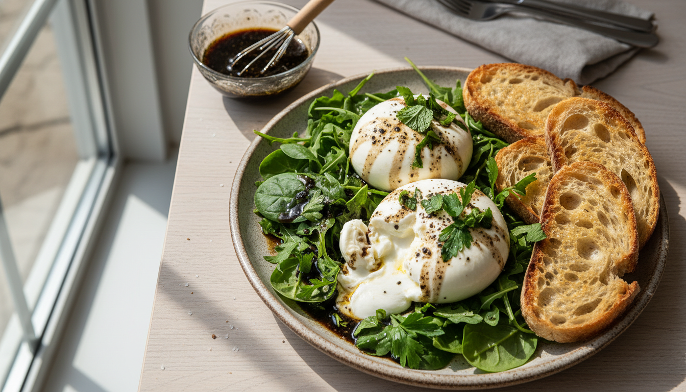 Creamy Burrata with Black Lemon Dressing & Spring Herbs
