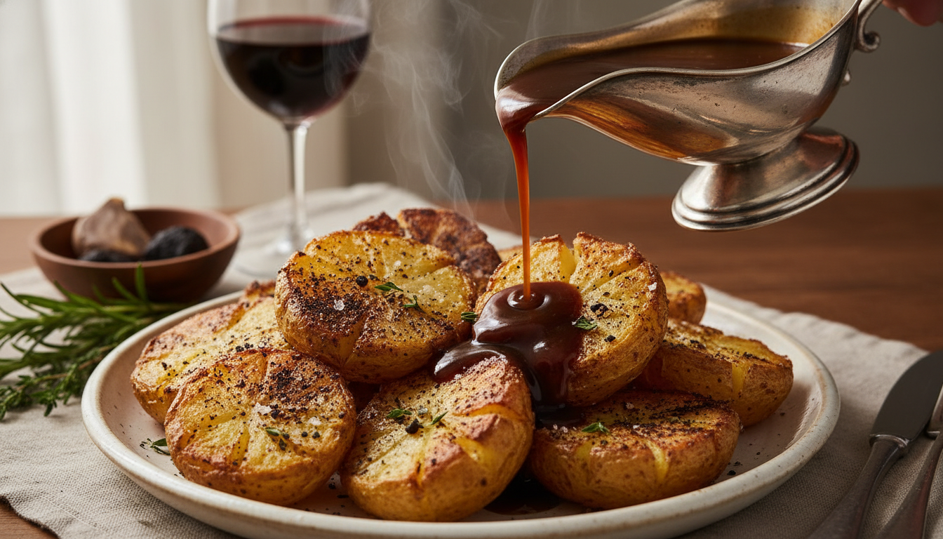 roast potatoes with black garlic gravy
