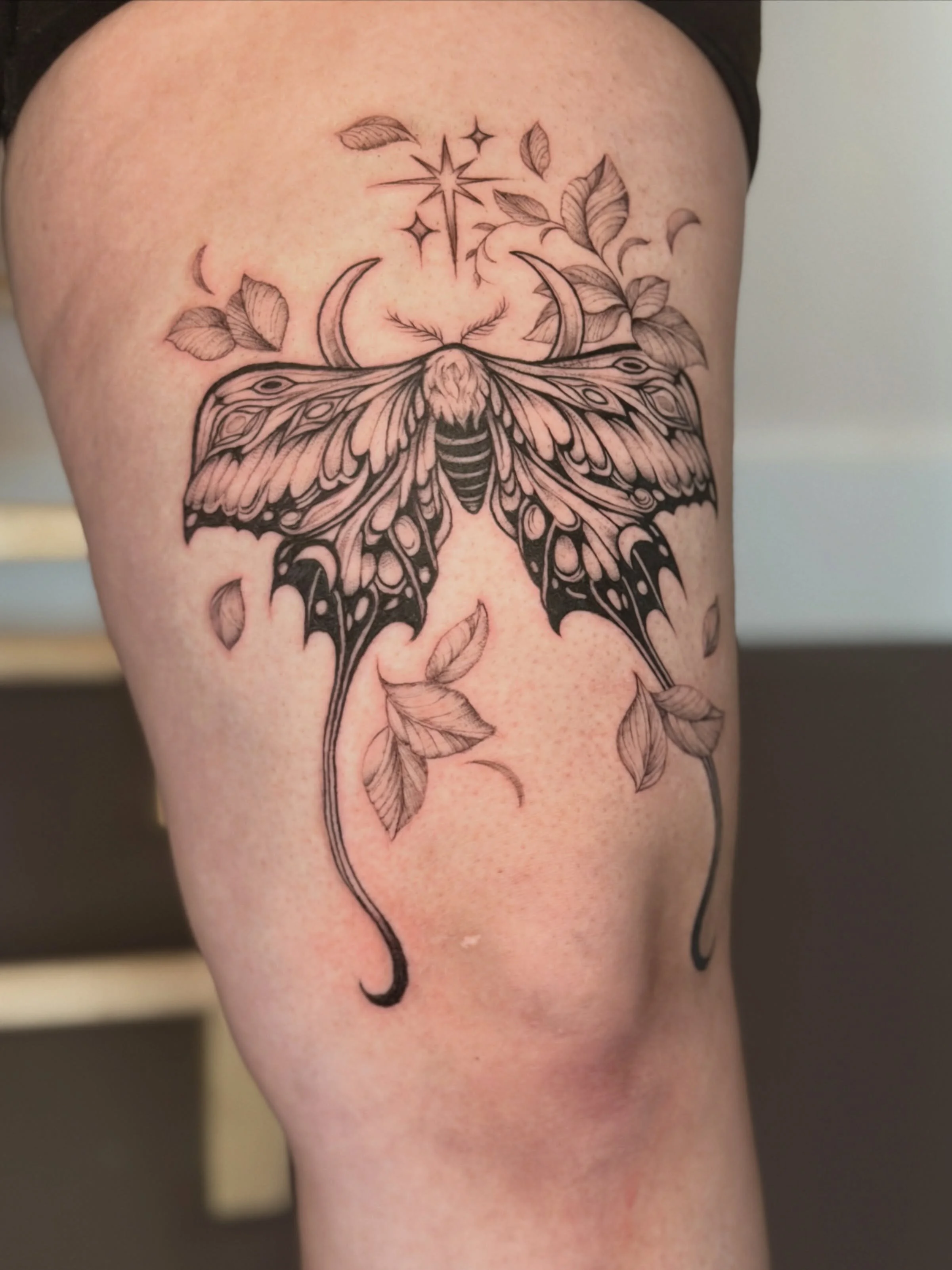 This thigh placement was made for a piece like this. Fine line moth, crescent moon, falling botanicals. Everything about it feels intentional.

Link in bio to inquire. ✨

#westpalmbeachtattoo #finelinetattooartist #tattoosforwomen #mothtattoo
