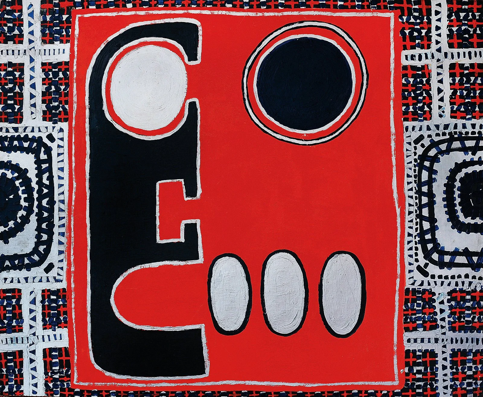 Máscara preta sobre fundo vermelho, 1969, óleo sobre chapa de compensado, 50 x 61 cm