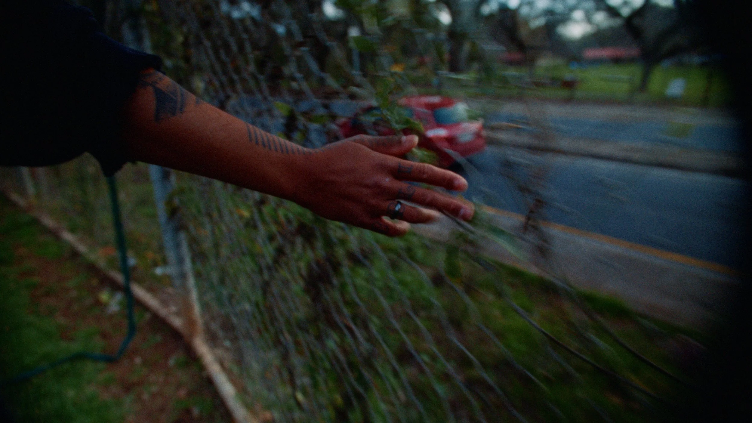 A persons hand running along a chain link fence.