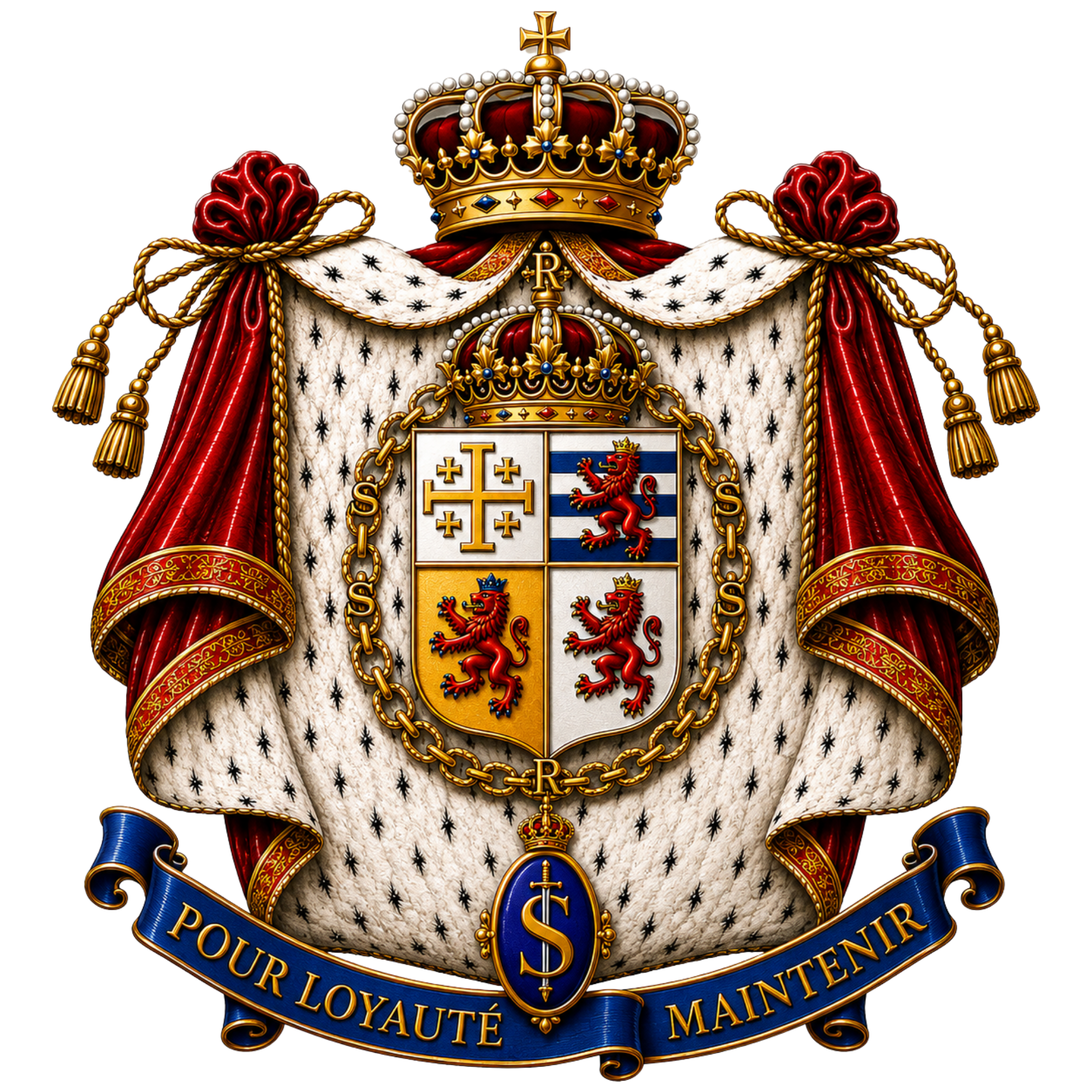 A coat of arms featuring a gold crown with a red velvet cap, placed above a shield with a lion and cross designs. The shield is draped with a white ermine cape bordered by gold and red fabric, adorned with gold chains and medals. Below, a blue ribbon displays the words "POUR I," "LOYALTE," and "MAINTENIR" in gold lettering, symbolizing loyalty and commitment.