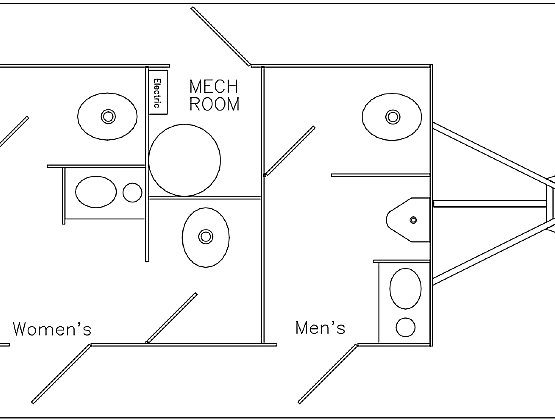Floor plan showing Women's and Men's restrooms, mechanical room, and fixtures layout.