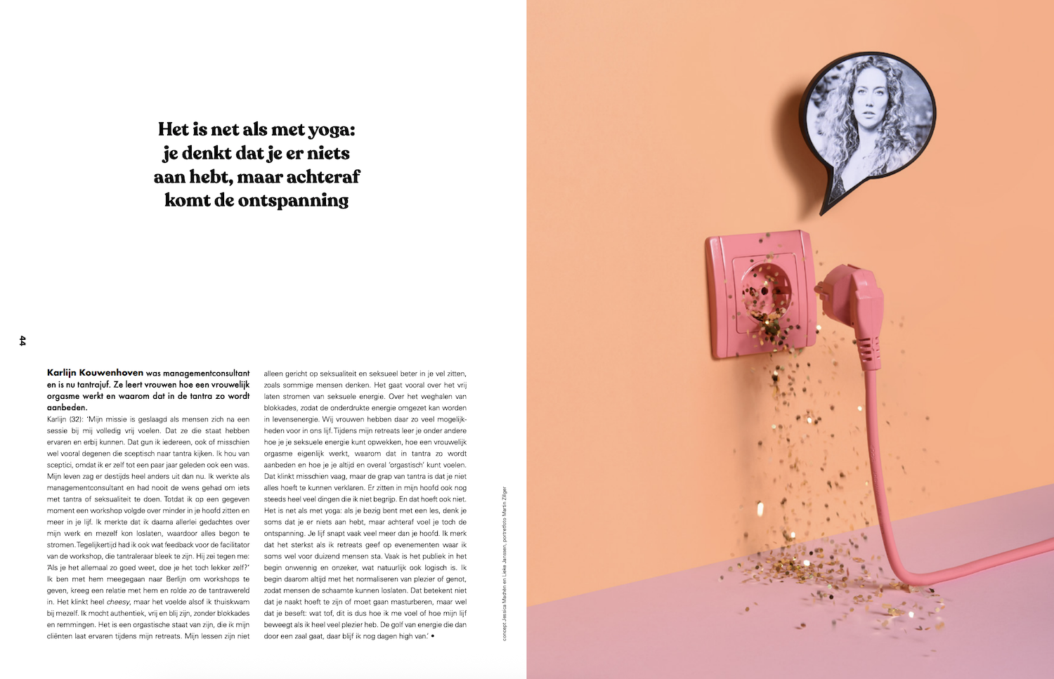 Open magazine spread with a quote in Dutch on the left page and a pink electrical outlet with a pink cord and scattered confetti on a pink background on the right page. A speech bubble with a black and white photo of a woman is above the outlet.