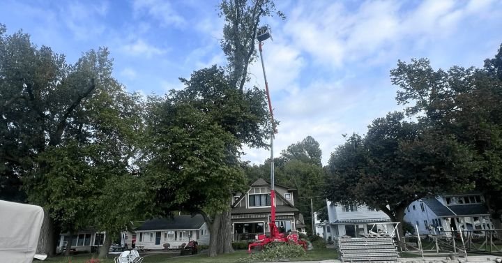 A cherry picker lift is extended upward between tall trees in a neighborhood, with workers repairing or trimming a large tree. Residential houses are visible in the background.