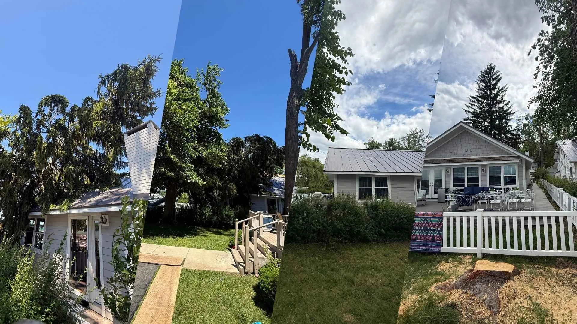 Storm-damaged pine removed from a lakefront home on Klinger Lake Road in Sturgis, MI, shown before and after cleanup