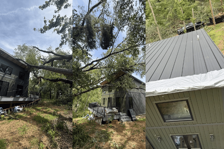 Massive oak tree fallen across a home's roof and deck after the Sturgis, MI tornadoes, shown before removal and with the roof tarped after