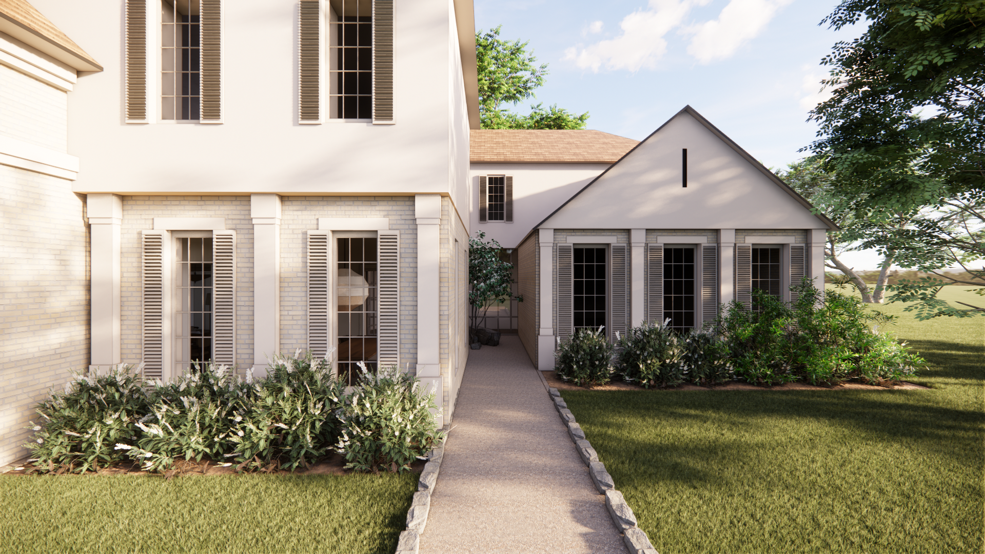 Exterior view of a modern house with white walls, multiple large windows with shutters, a narrow pathway, greenery, and a neighboring house visible, under a sunny sky.