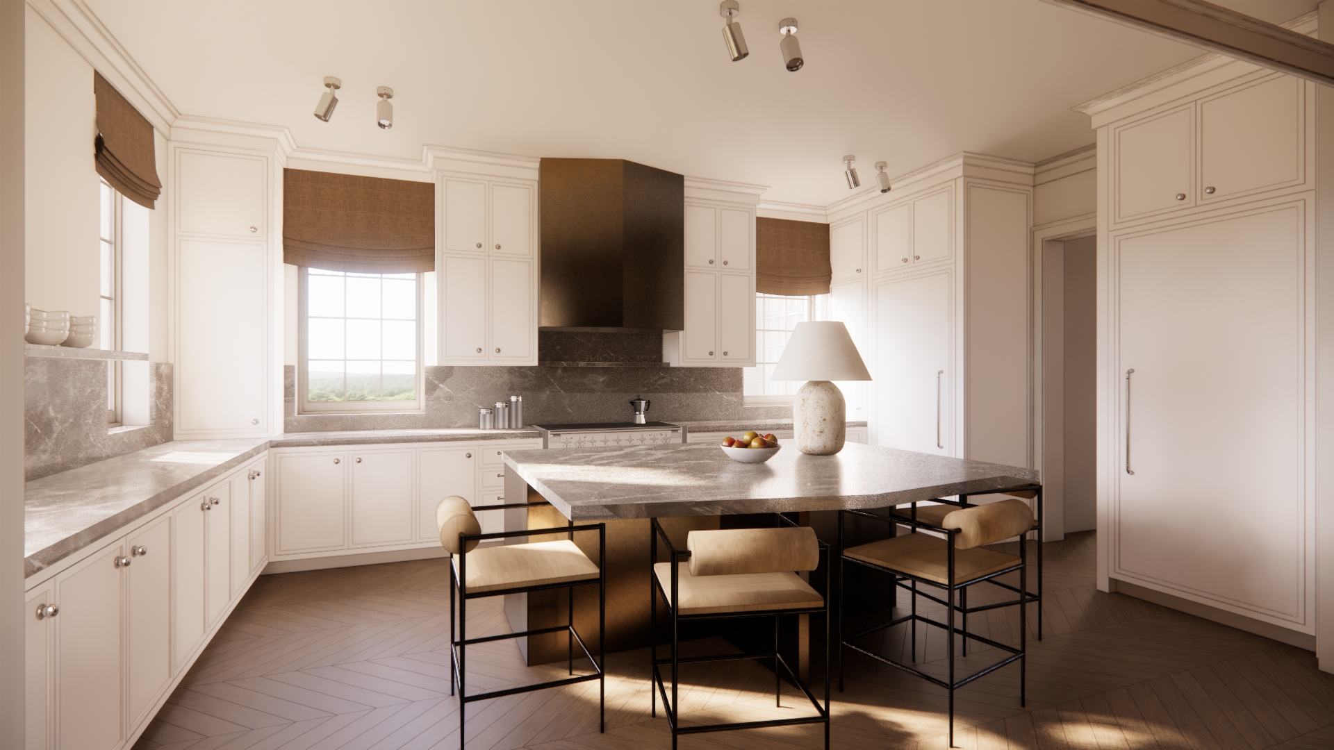 Contemporary kitchen with white cabinetry, marble countertops, and a central island. Windows with brown Roman shades, a black range hood, and a bowl of apples on the island with a table lamp next to it.