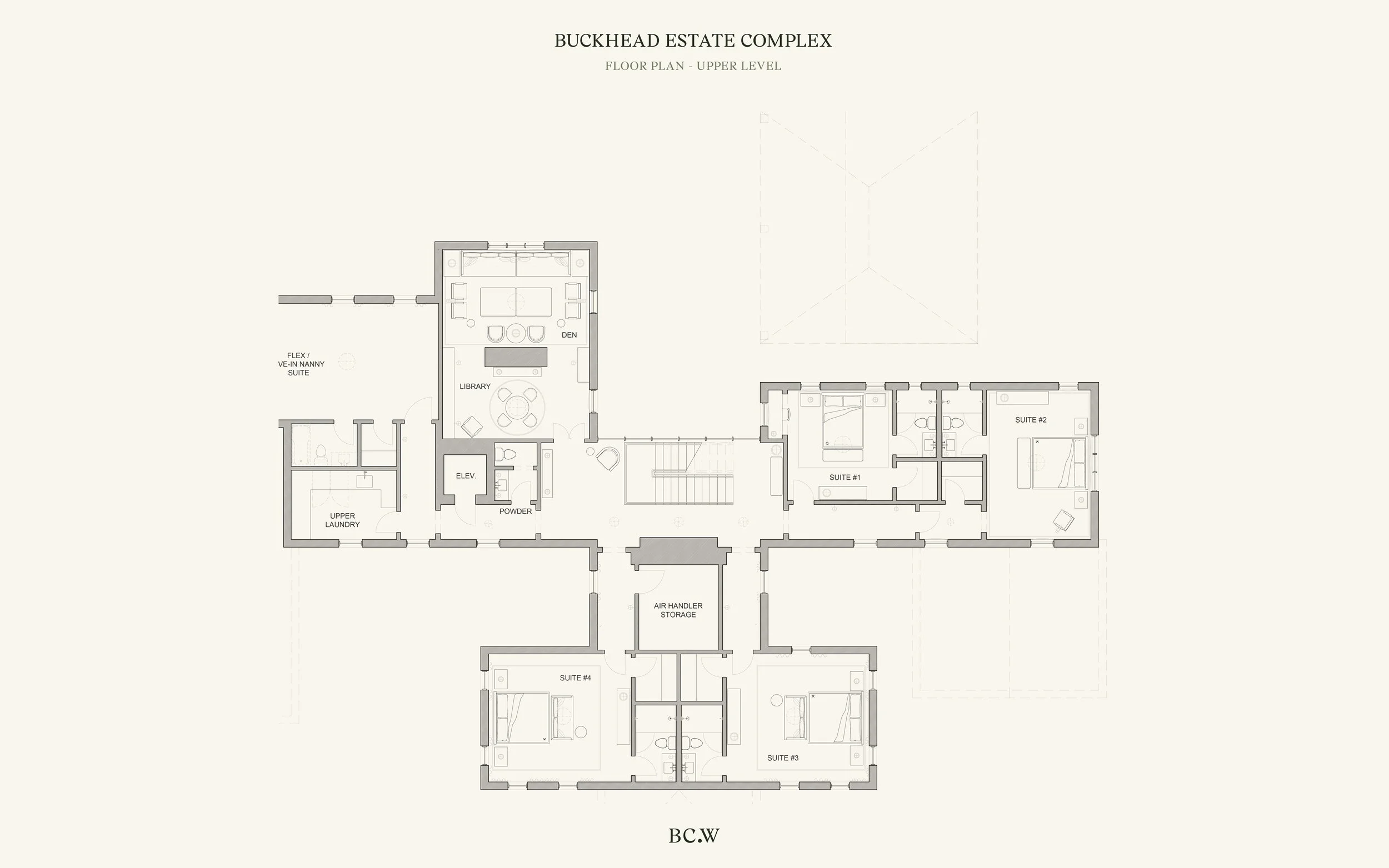 Floor plan of Buckhead Estate Complex upper level showing multiple suites, living areas, laundry, storage, and staircases.