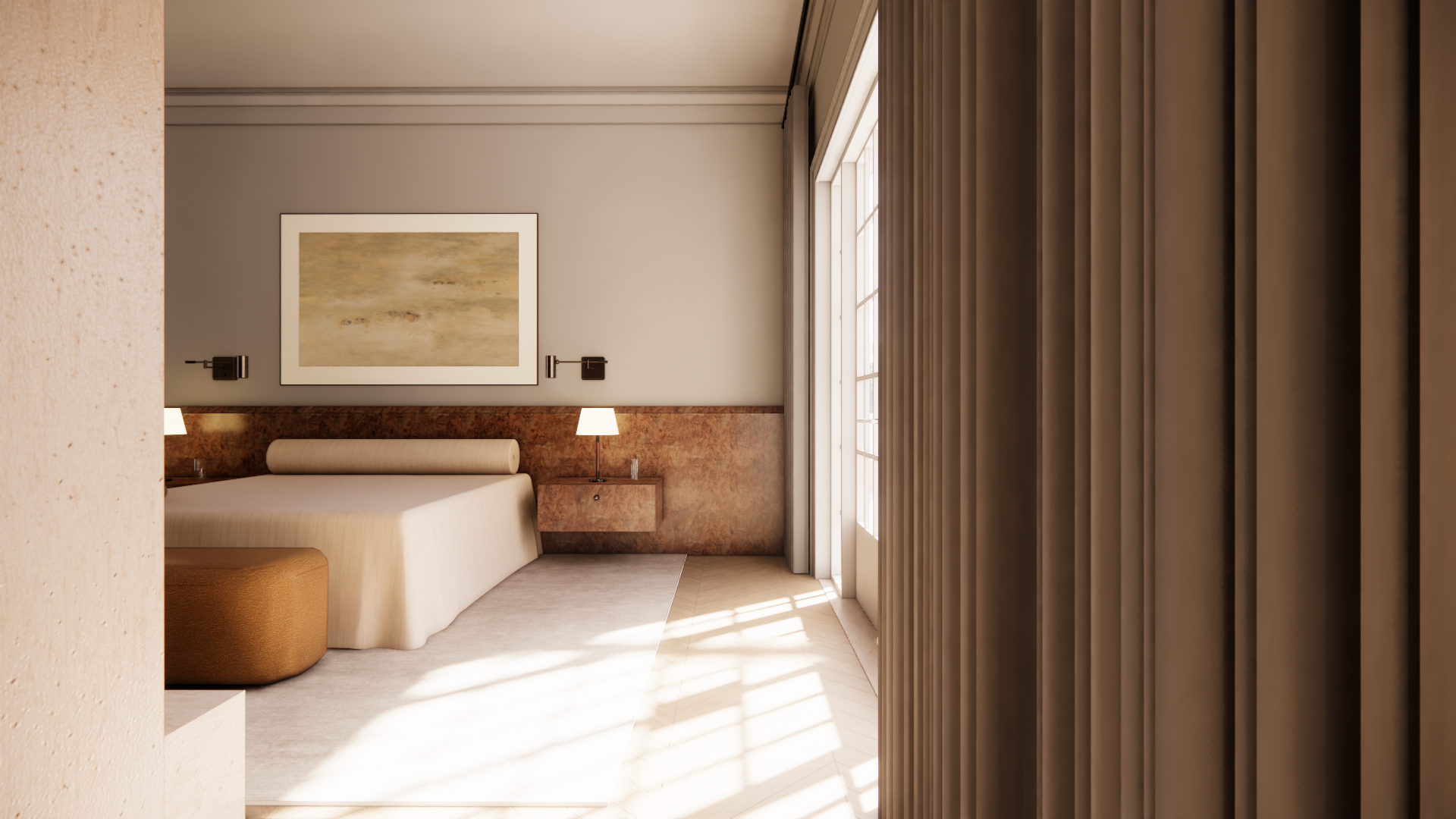 A minimalist bedroom with a bed, two bedside lamps, abstract artwork, and a large window inviting natural light.