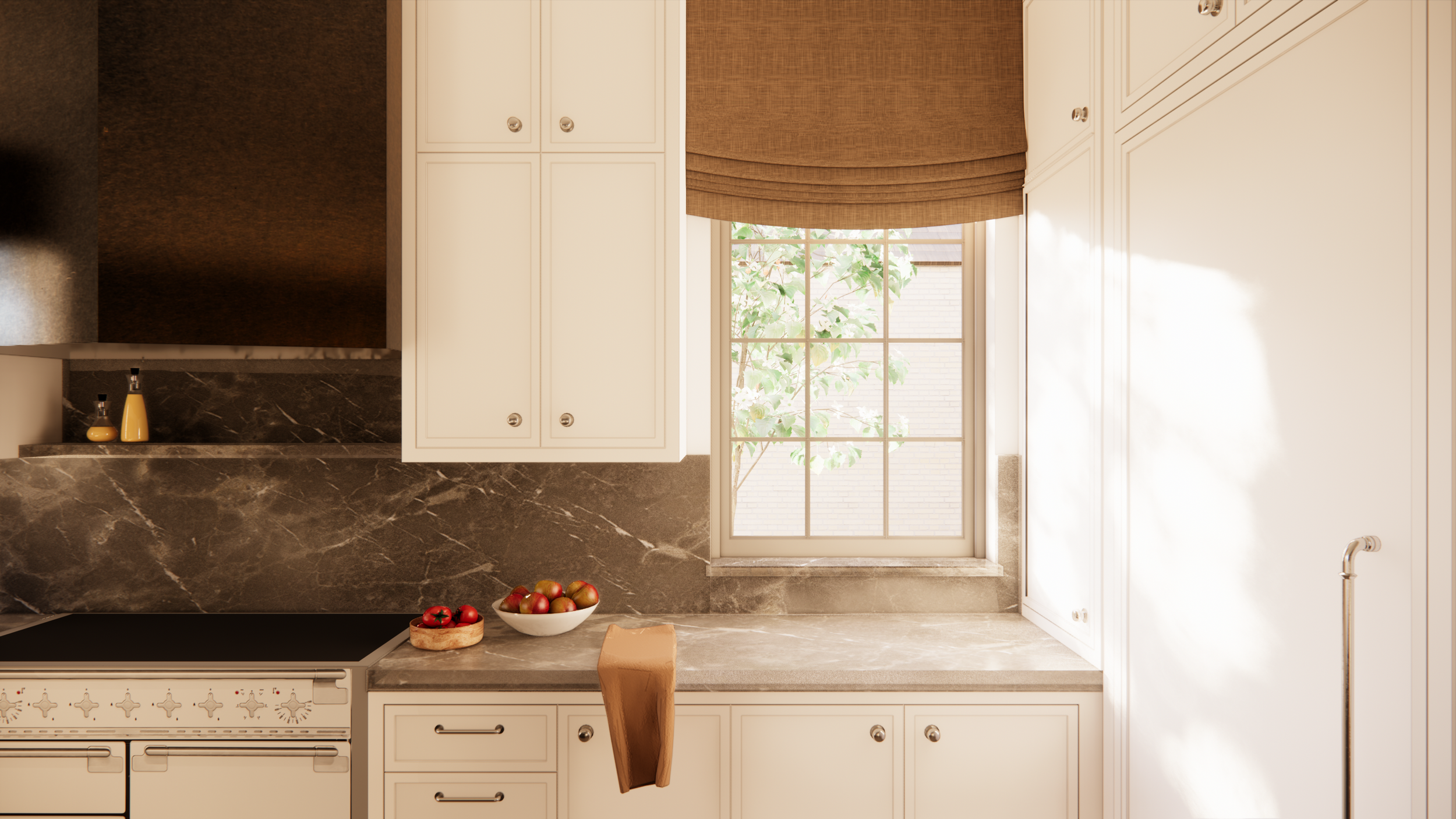 A kitchen with white cabinets, a marble countertop, and a window with a brown Roman shade, sunlight coming through, some apples in a bowl, and a bowl with tomatoes on the counter.