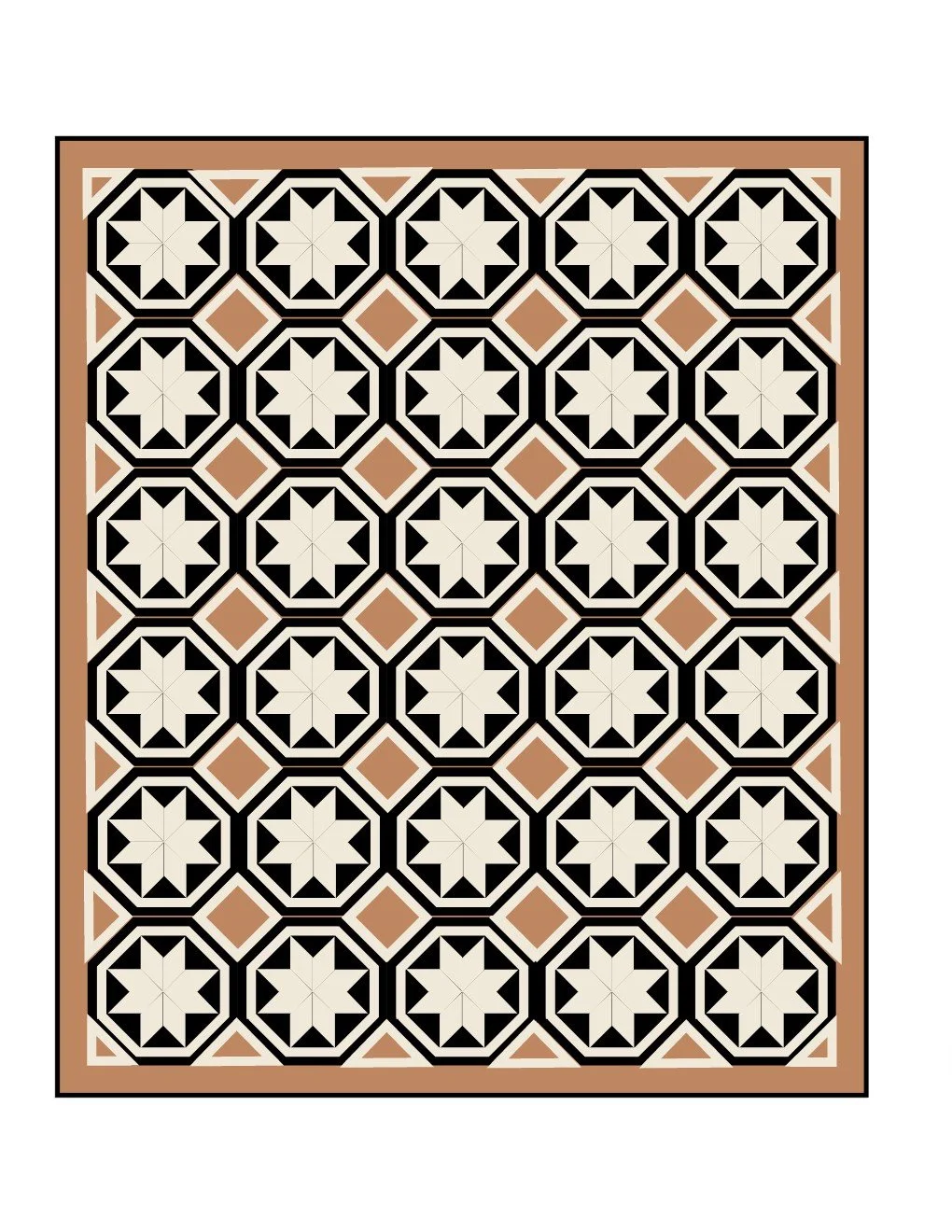 A decorative tile floor with an intricate geometric pattern of black, white, and brown shapes.