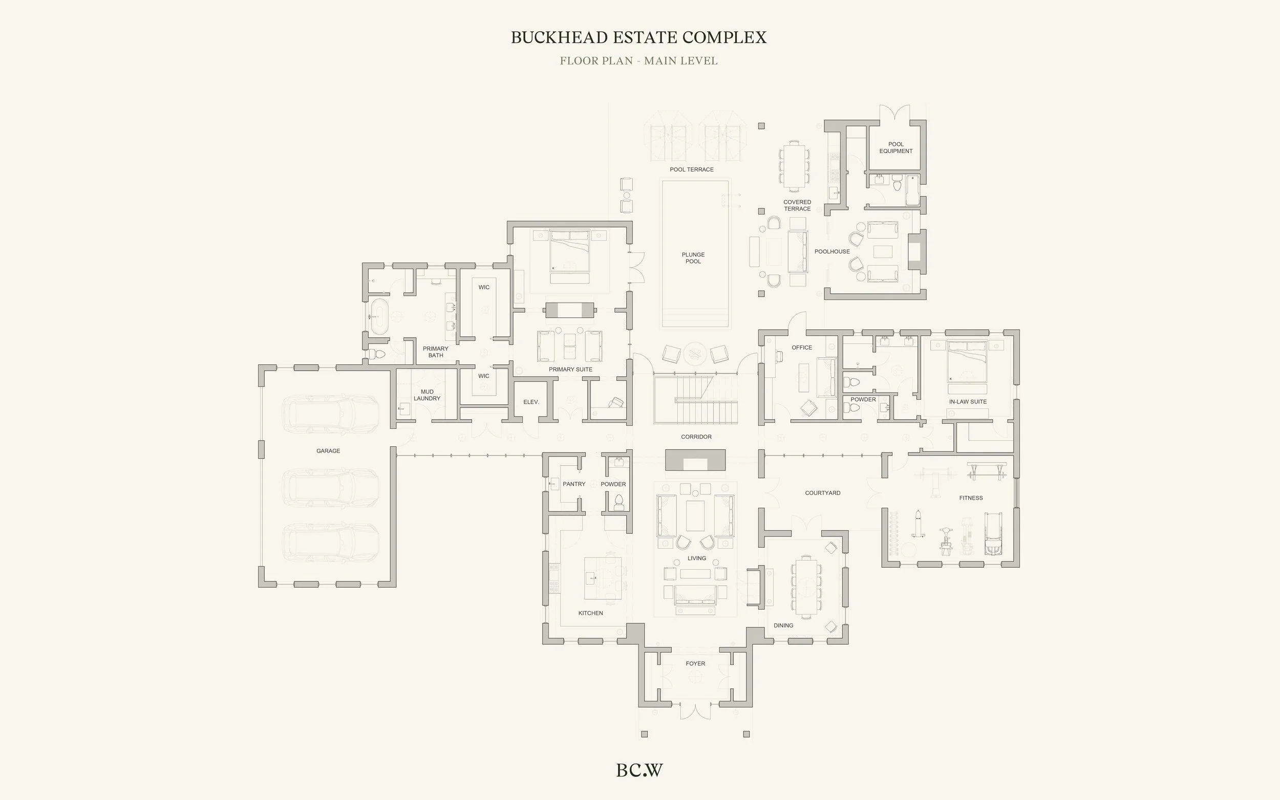Architectural floor plan of Buckhead Estate Complex, main level, showing various rooms including garage, living area, kitchen, dining room, bedrooms, bathrooms, pool, pool terrace, covered terrace, pool equipment, office, courtyard, fitness room, and other spaces.