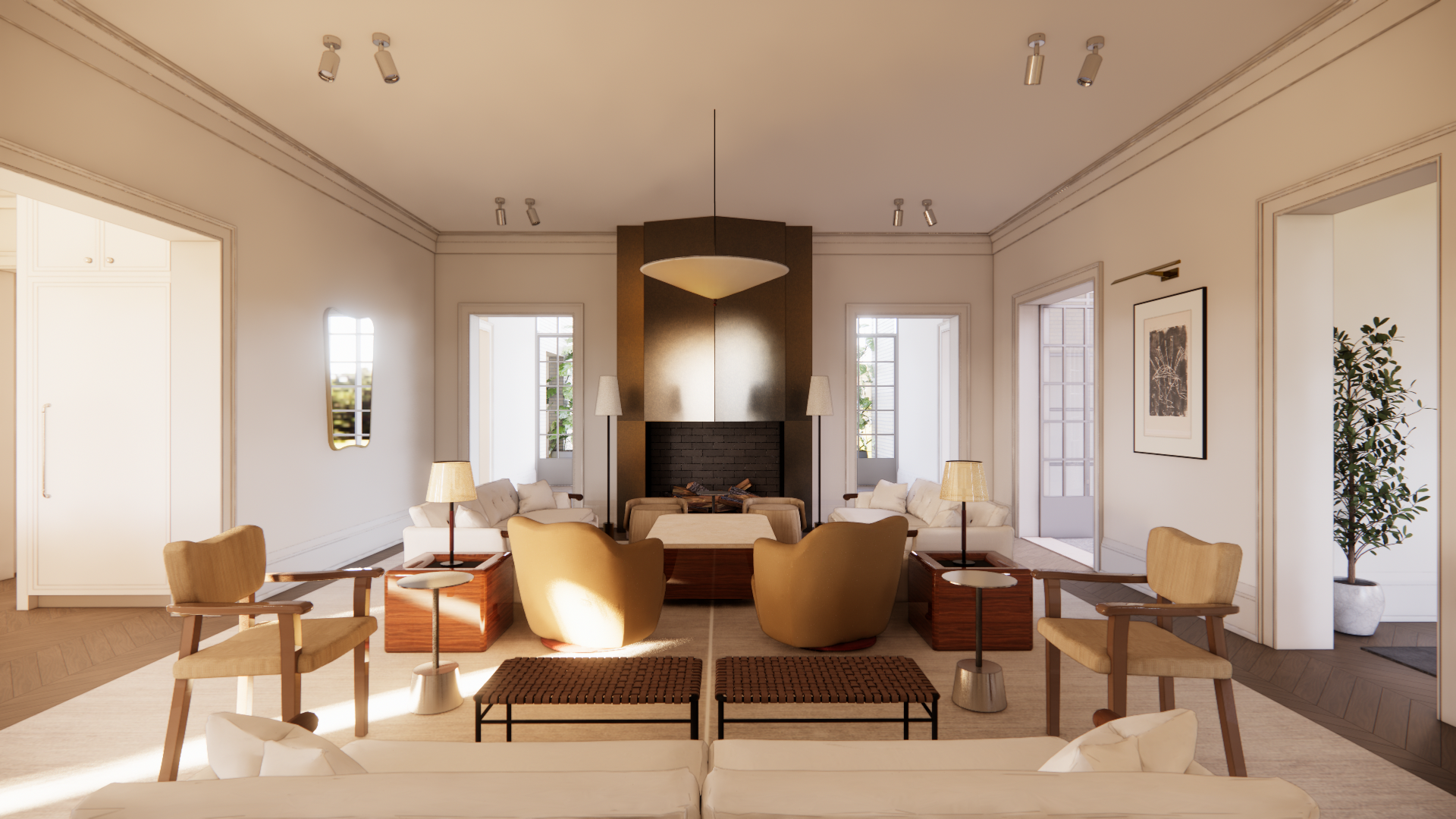 Living room with beige chairs, sofas, wooden coffee tables, fireplace, and framed artwork, with large windows and potted plant.