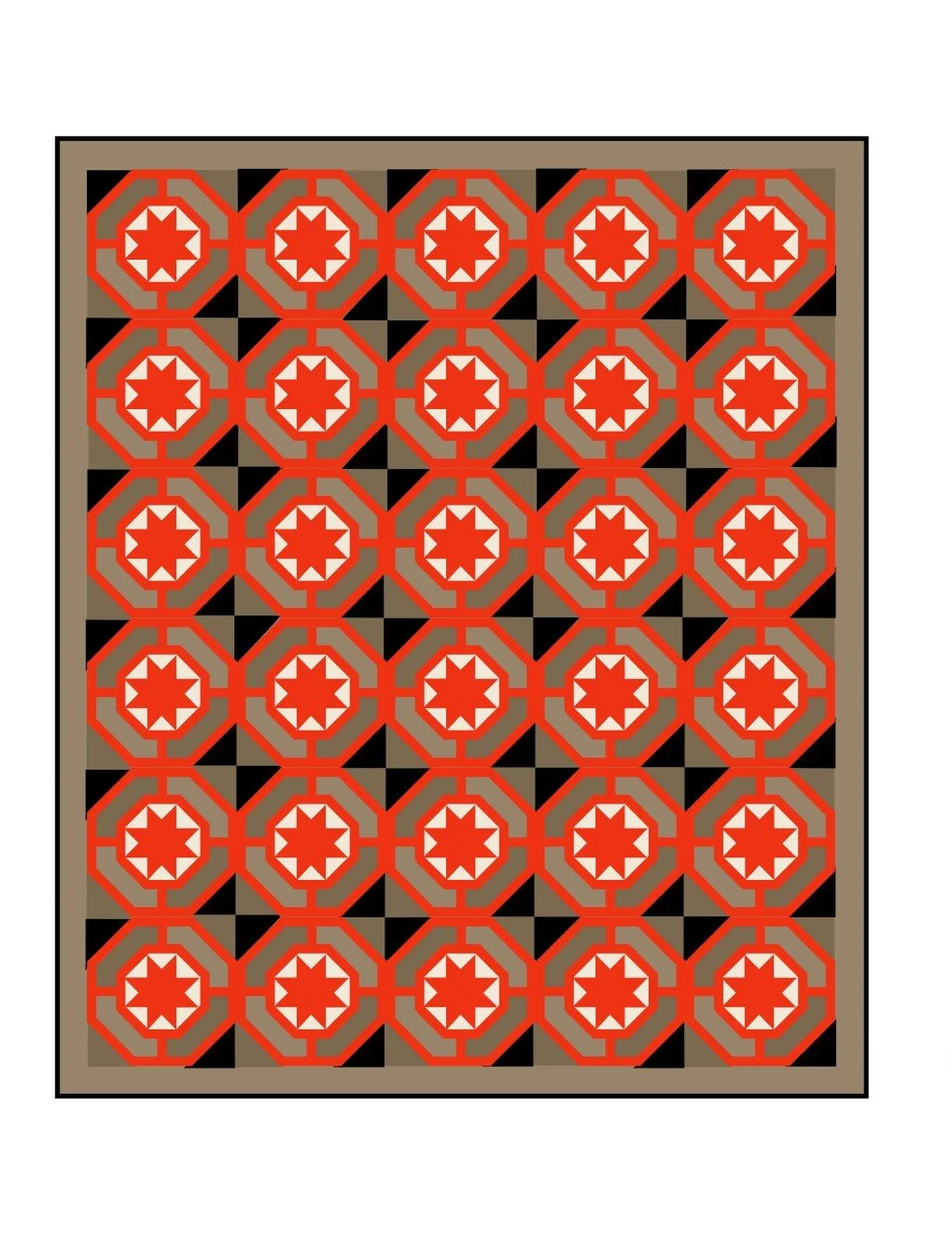 A patterned rug with circular designs featuring white star shapes inside red octagons, arranged in a grid on a black and brown background.
