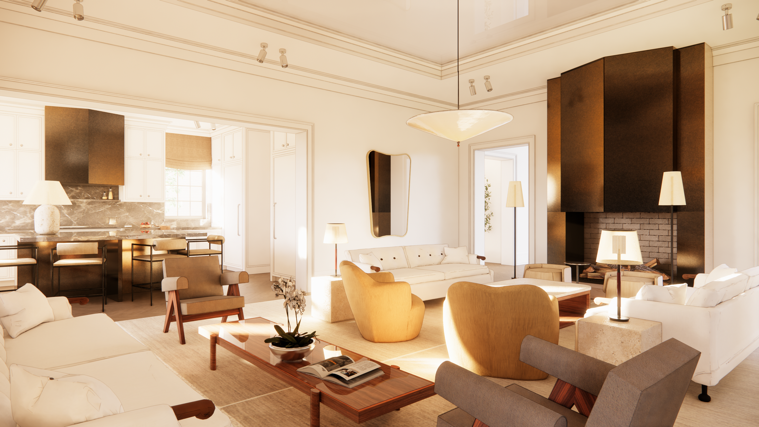 A spacious, modern living room with white walls and high ceilings. There are white sofas, wooden armchairs, and a coffee table with an open magazine on it. In the background, there is a kitchen area with white cabinets and a marble countertop. The room is decorated with plants, lamps, and a large mirror on the wall near the ceiling. Windows let in natural light, illuminating the cozy and elegant space.