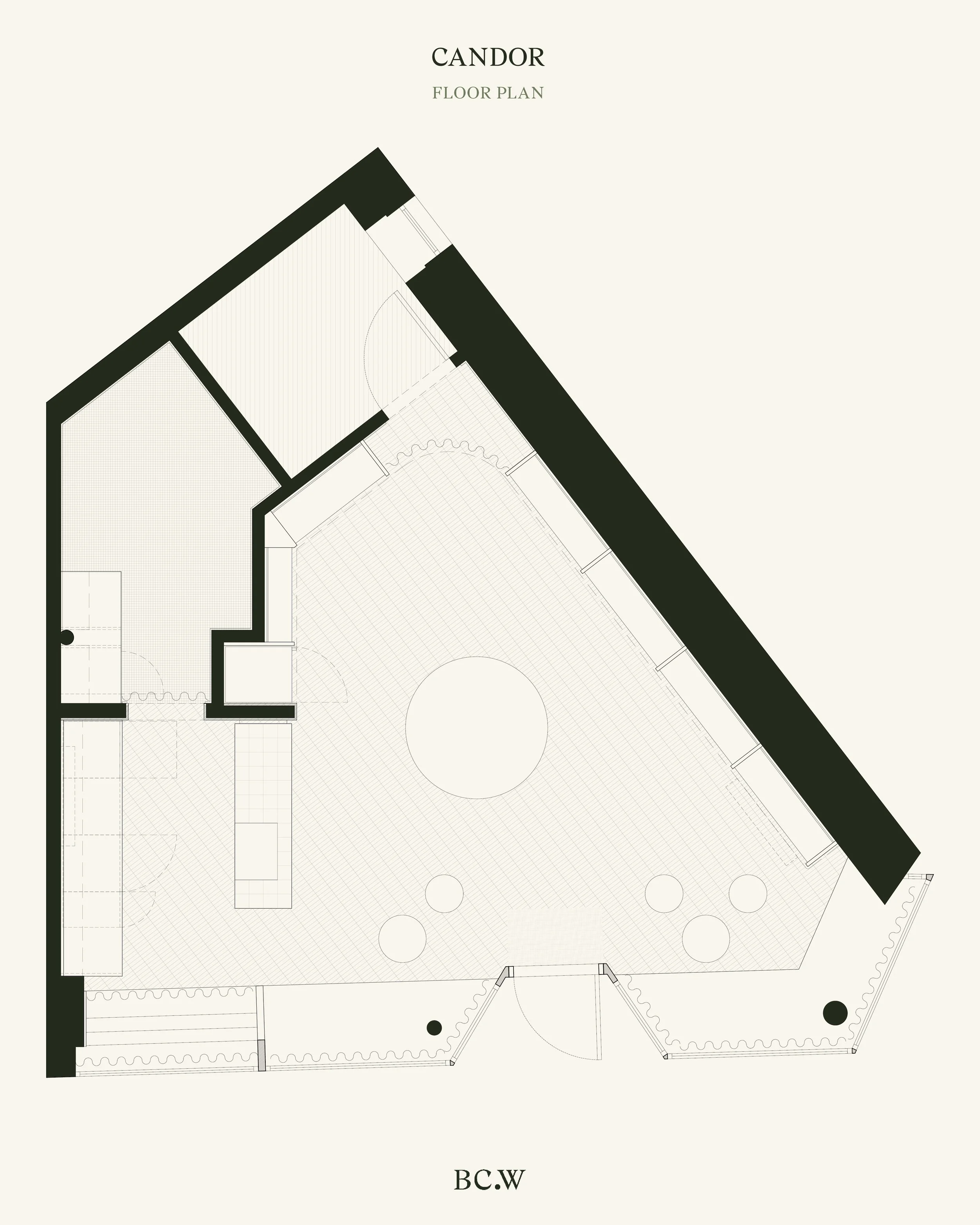 Floor plan of a building labeled 'Candor' at the top and 'BCW' at the bottom, showing rooms, walls, and architectural features.