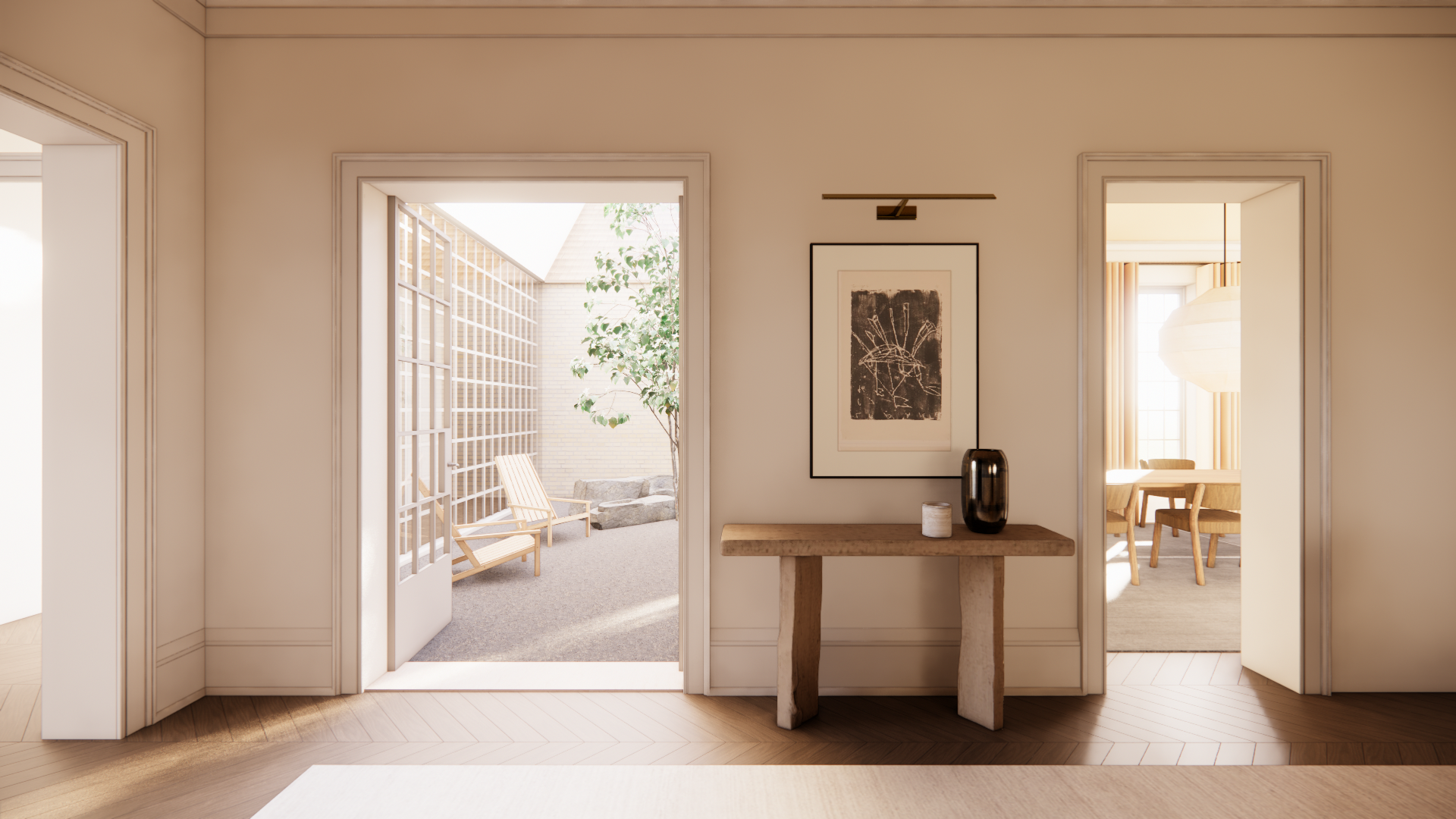 View of a modern interior hallway with double doors leading outside to a patio with a wooden chair, and a doorway to a dining area with chairs and a large hanging light fixture.
