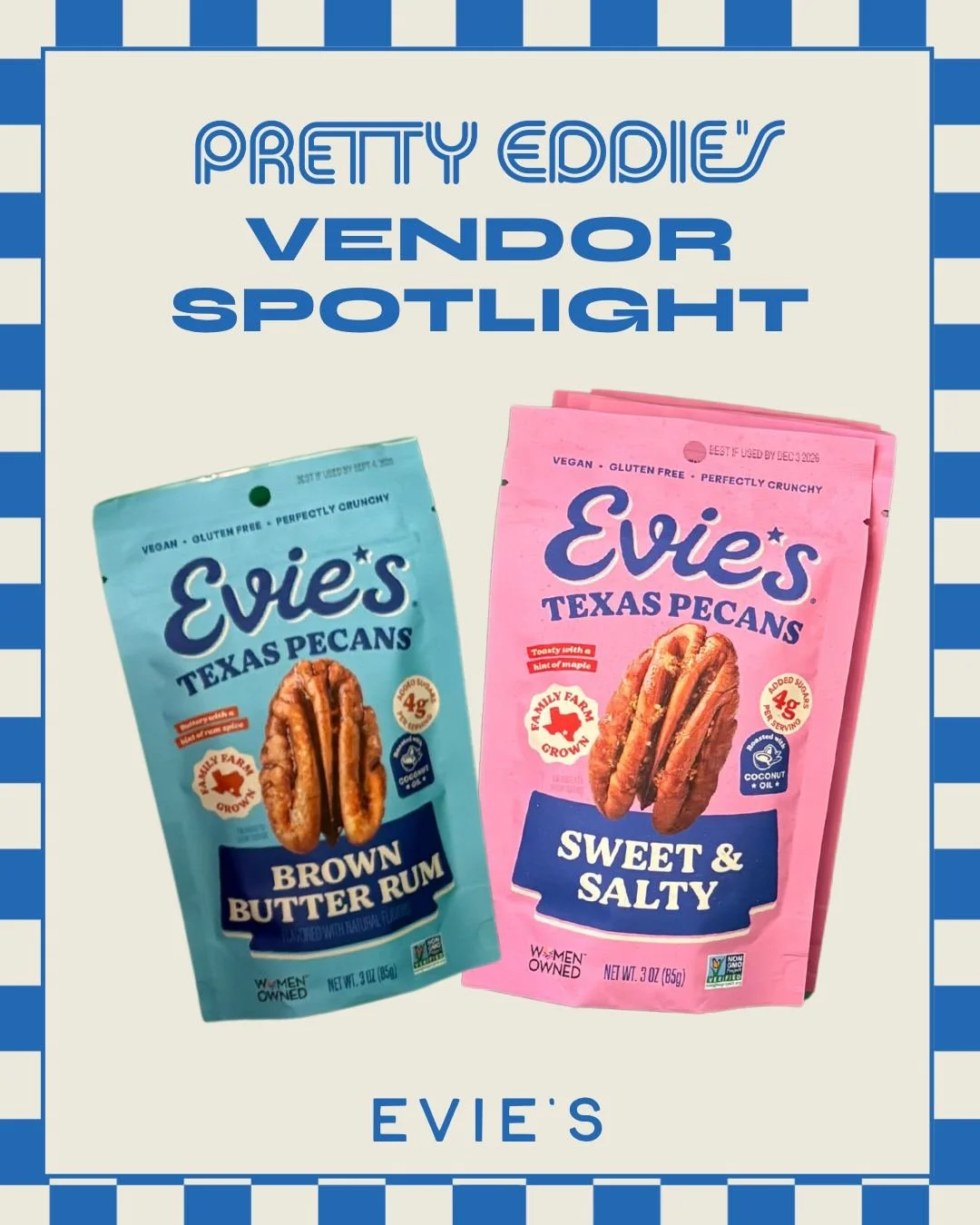 Vendor Spotlight: Evie's 😊🌳

Evie wanted to recreate her favorite childhood pecan recipes with 1/3 the sugar of leading brands. She sources all pecans from her family's farm in South Texas. Her family farm practices regenerative farming, tending an