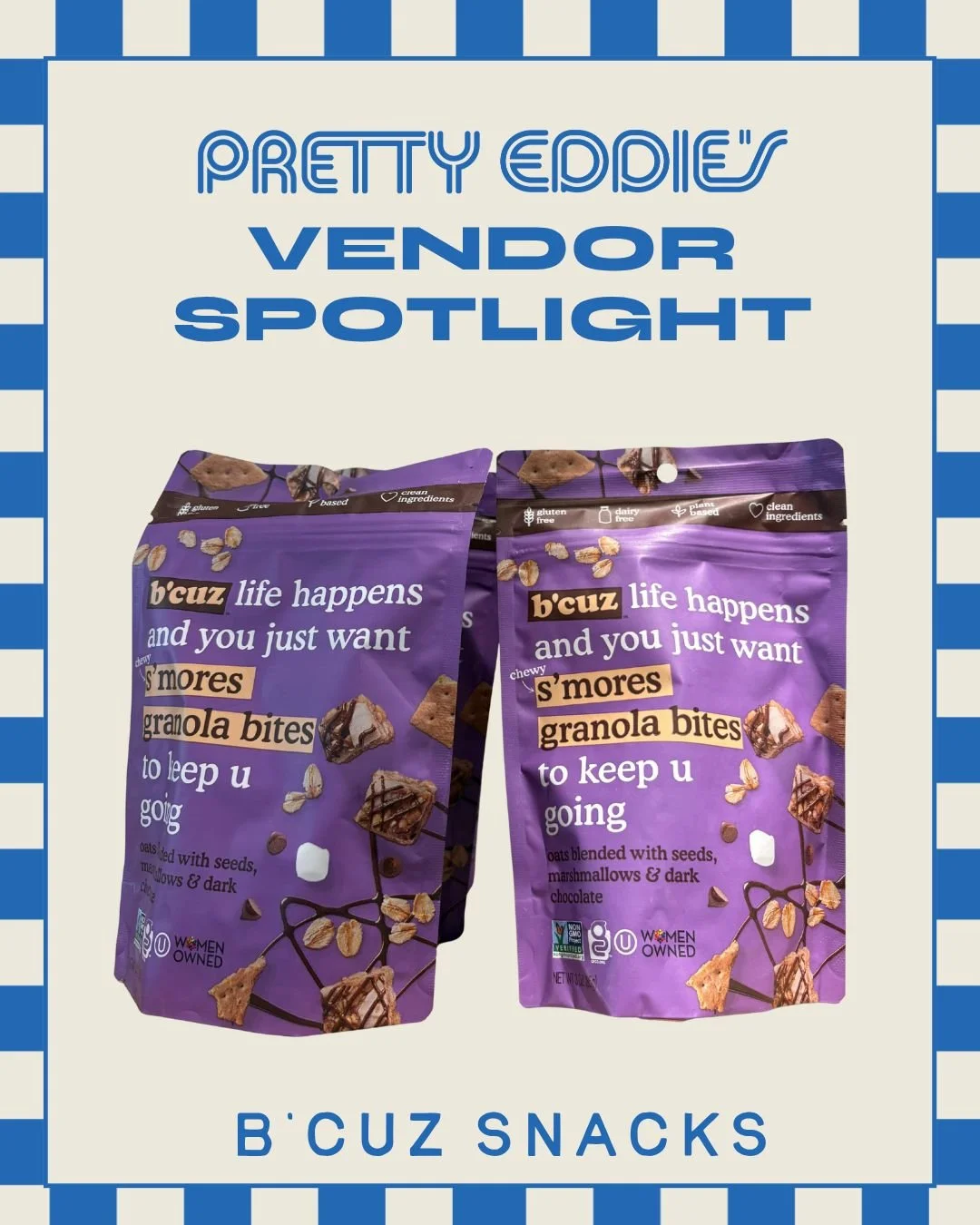 Vendor Spotlight: B'Cuz 🫐🍫
Founder Channie is a mother of four who wanted a tasty snack for her kids that didn't come with the sugar crash. So, she created B'Cuz. These healthier granola bites are gluten- and dairy-free, plant-based, non-GMO, and K