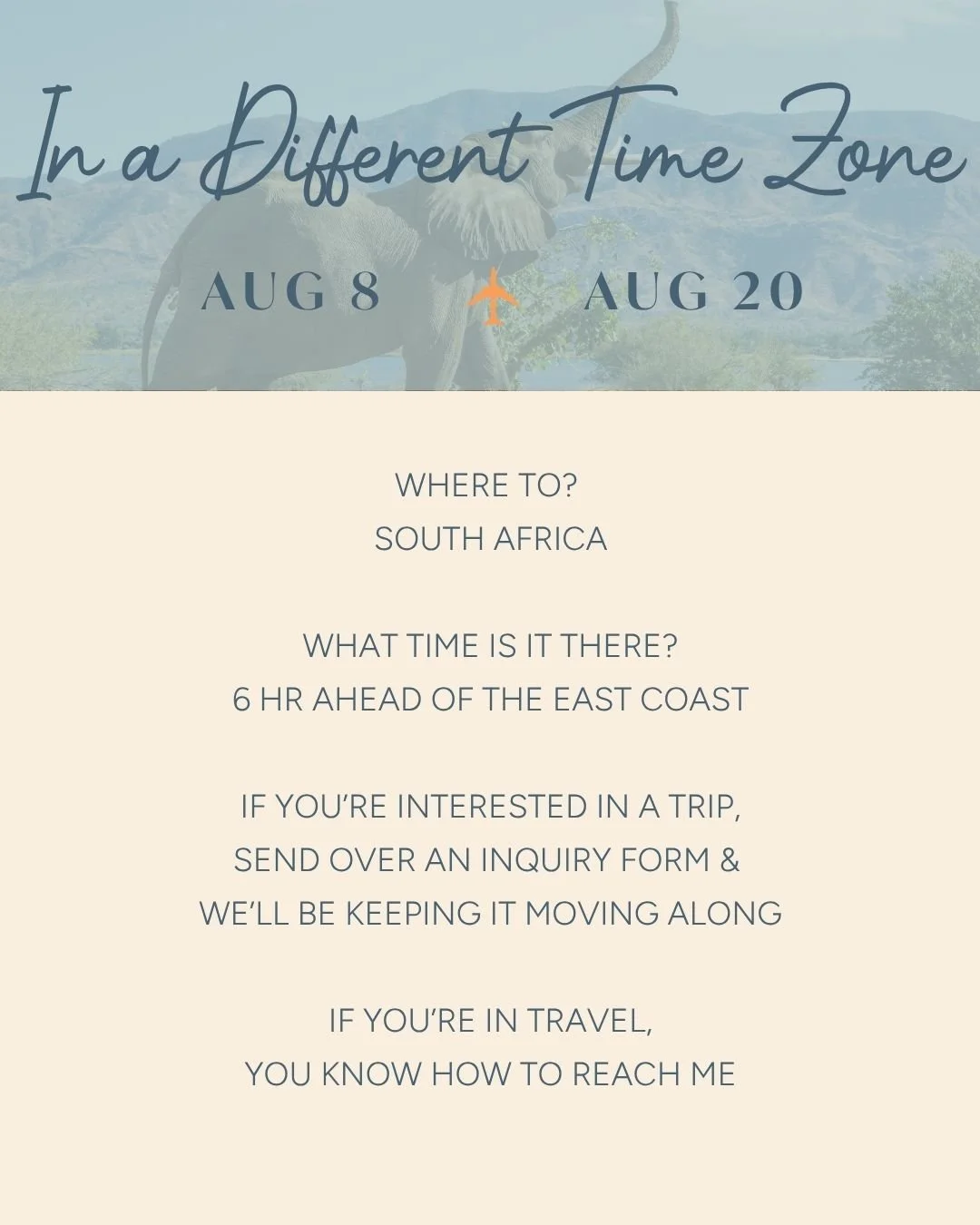 Out of Office (and off the continent) from Aug 8&ndash;20 🐘✈️
Headed to South Africa for a big research trip&mdash;and yes, I&rsquo;ll be 6 hours ahead and possibly chasing elephants instead of emails.

✨ If you&rsquo;ve been thinking about a trip, 