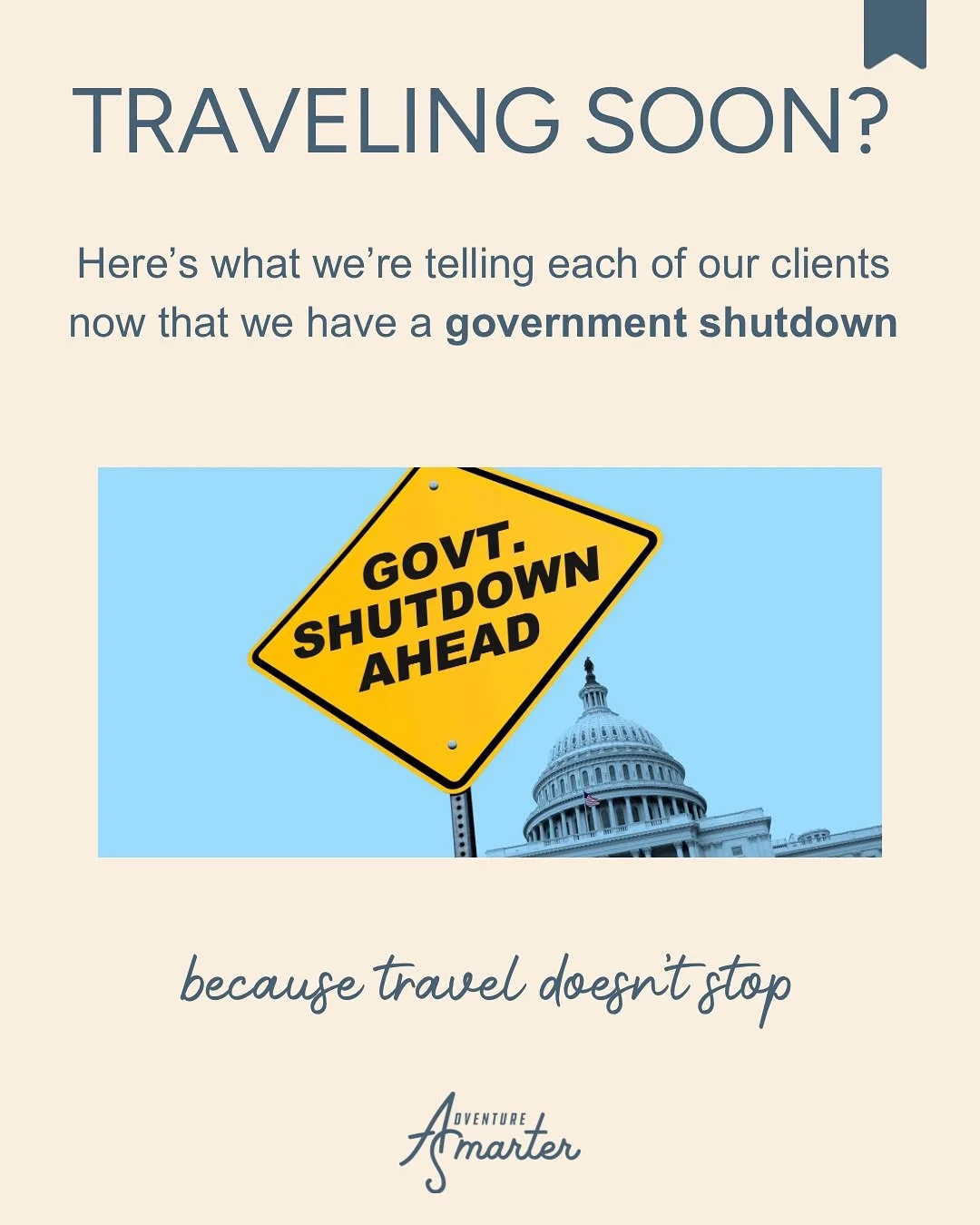 ✈️ TRAVELING SOON? READ THIS / SAVE THIS / SHARE THIS

The government shutdown does touch travel &mdash; but not in the way headlines make it sound. Here&rsquo;s the same advice I&rsquo;m giving my own clients right now:

👉 Airports: TSA &amp; custo