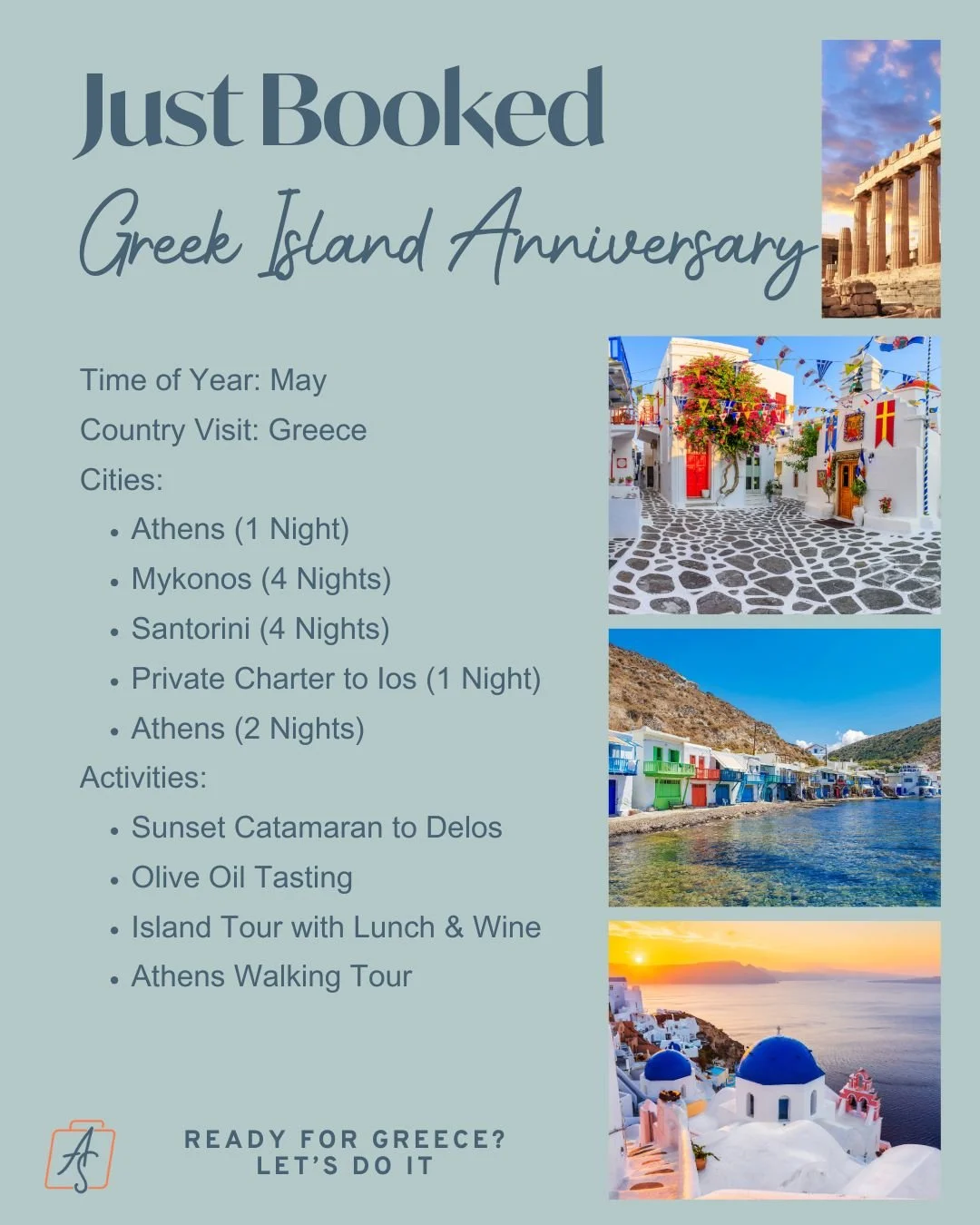 💍✨ Just booked: a Greek Island Anniversary adventure! ✨🇬🇷

From the ancient streets of Athens to the dreamy sunsets of Santorini&hellip; this couple&rsquo;s trip has it all. Think:
🌅 A private catamaran at sunset
🥂 Olive oil + wine tastings
🏝️ 