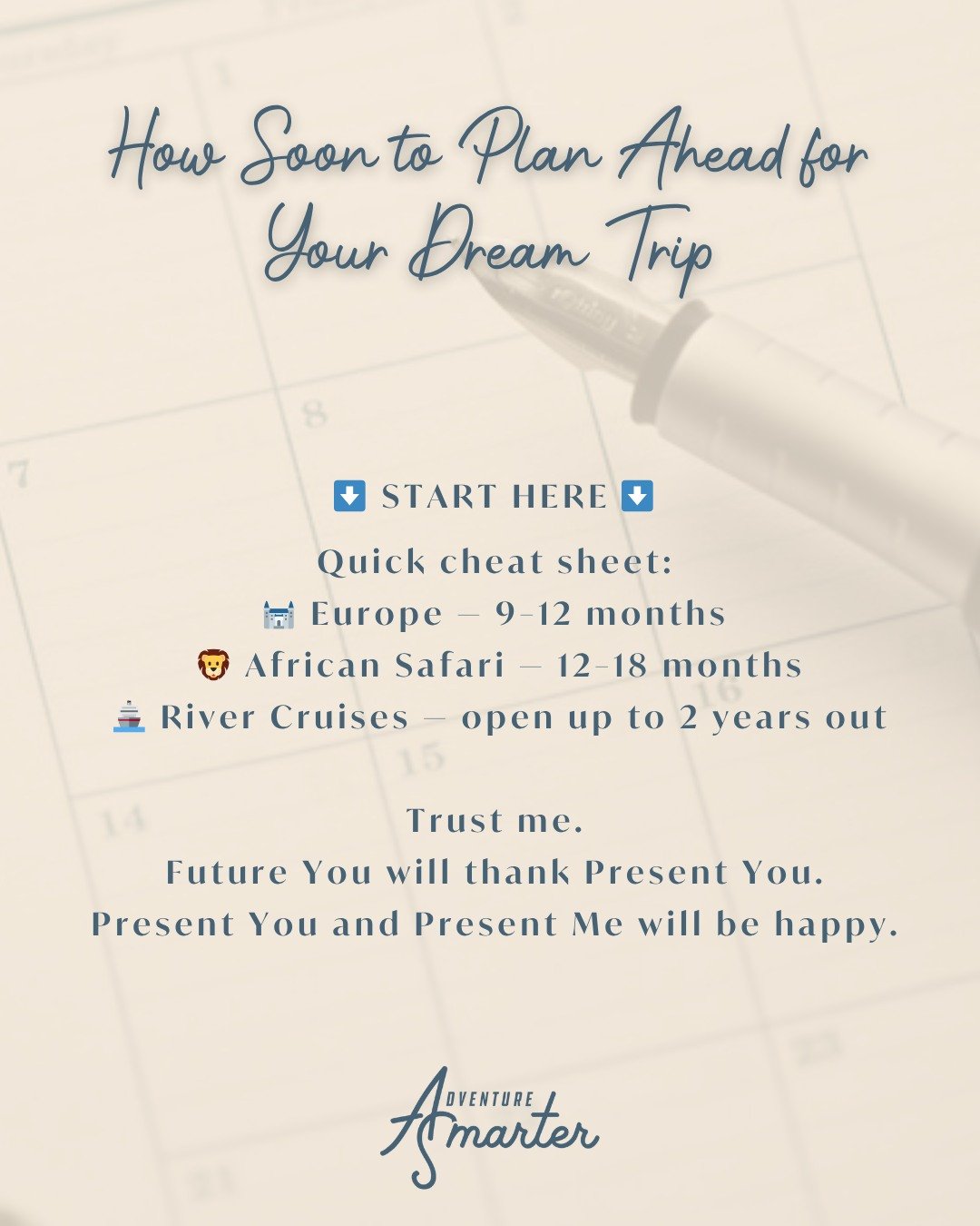 Let&rsquo;s talk timing ⏰ - because when it comes to bucket-list trips, the early birds get the best views.

Here&rsquo;s your planning cheat sheet ⬇️⬇️
🏰 Europe &rarr; 9&ndash;12 months ahead
🦁 Safari &rarr; 12&ndash;18 months ahead
🚢 River Cruis