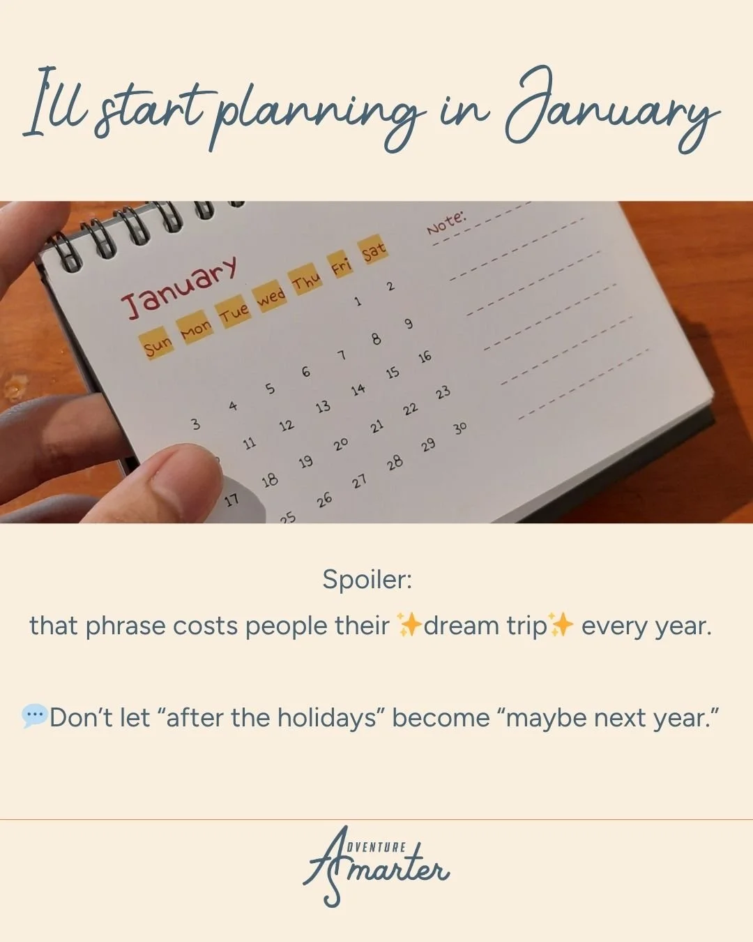 &ldquo;I&rsquo;ll start planning in January.&rdquo;

We all say it.
But here&rsquo;s the problem &mdash; by then, ✈️ flights cost more, 🏨 the best rooms are gone, and 🎟️ those incredible once-in-a-lifetime experiences? Already booked.

Planning ear