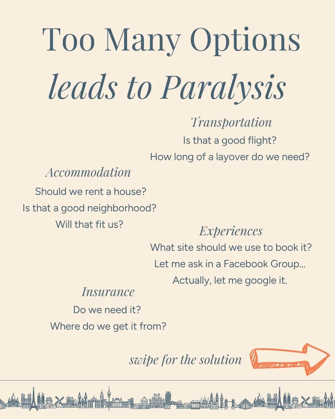 Too many options = paralysis.

Flights, hotels, tours, transfers &mdash; there&rsquo;s so much information online that most people freeze before they even book.

My job? Cut through the chaos so you can actually enjoy the fun parts of planning (and s