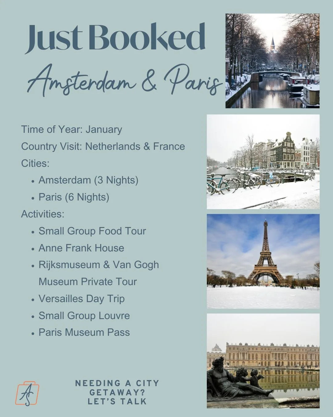 ✨ Just Booked: Amsterdam + Paris in January! ✨
Two of Europe&rsquo;s dreamiest winter cities in one trip&hellip; and honestly, this itinerary is chef&rsquo;s kiss.

These travelers will spend 3 nights wandering Amsterdam&rsquo;s canals and 6 nights s