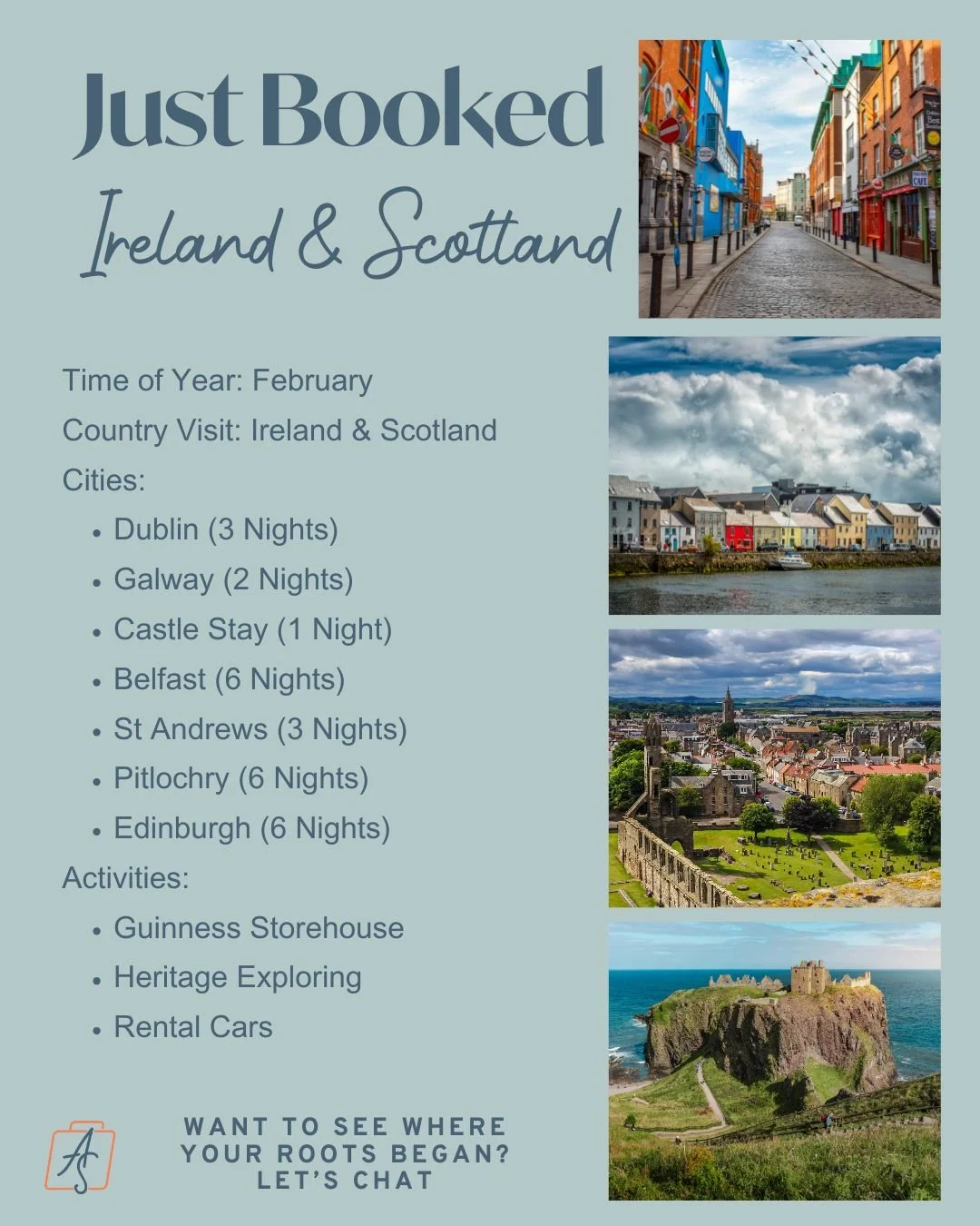 🍀✨ Just Booked: Ireland &amp; Scotland! ✨🏴
This February trip is a dream for anyone who loves history, cozy towns, coastal drives, and exploring where their story began.

These travelers are spending time across both countries &mdash; with castle s