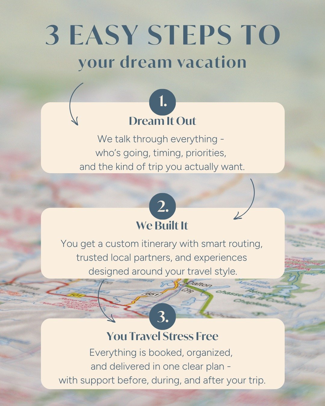 Your dream vacation doesn&rsquo;t need more tabs open.
It needs a plan.

We dream it out.
I design the itinerary.
You travel stress-free &mdash; with support before, during, and after.

This is what planning looks like when it&rsquo;s done right.