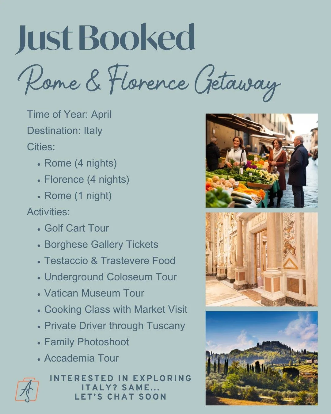 Just booked ✨

She called me from home&hellip; holding her 10-week-old baby.
Passport application already in progress.
Roundtrip flights to Rome already booked.

The dream?
Show their daughter the world from the very beginning.

The missing piece?
Ho