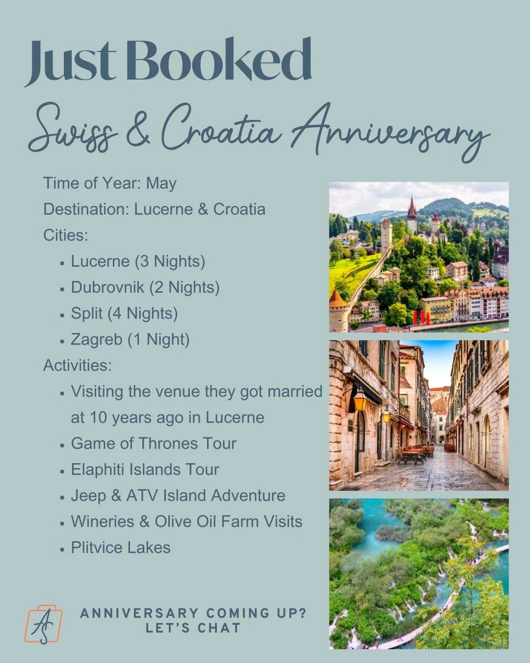 Swiss &amp; Croatia Anniversary 

✨ Just booked

A Swiss &amp; Croatia anniversary trip this May &mdash; and this one is packed with meaning.

This couple is returning to the exact place they got married 10 years ago in Lucerne before heading south t