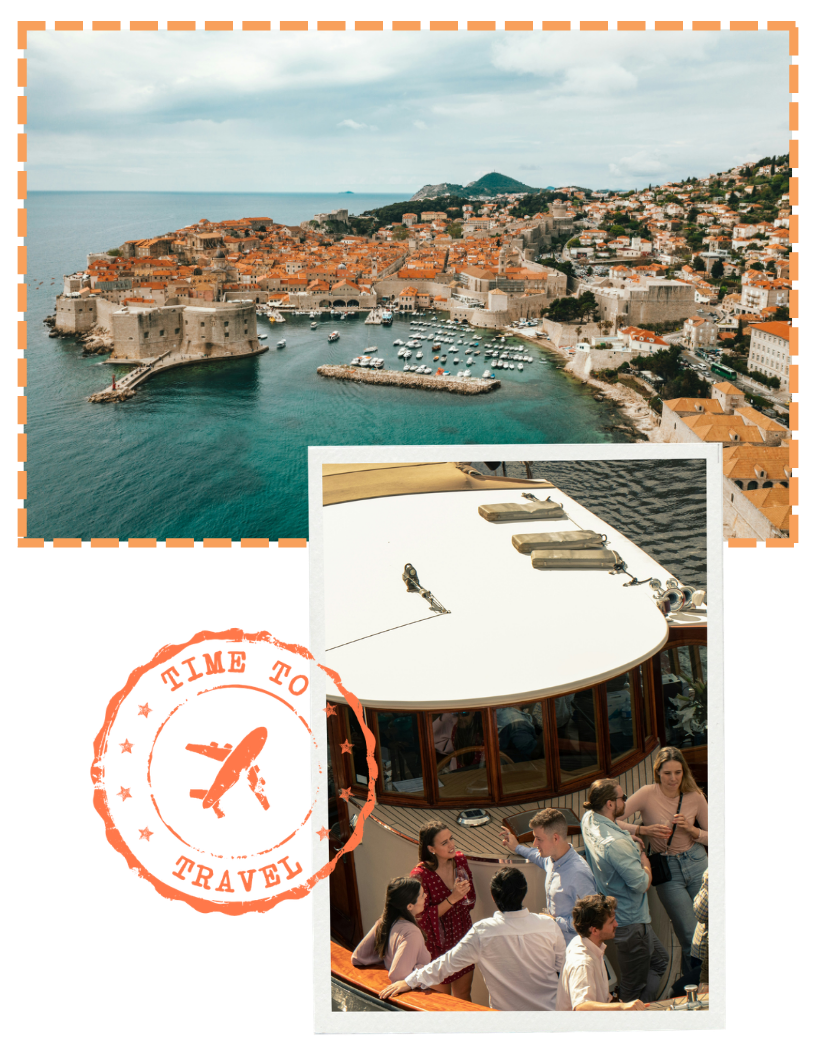 Aerial view of a coastal city with historic stone walls, orange-tiled roofs, boats docked in the harbor, and hills in the background; people socializing on a boat deck.