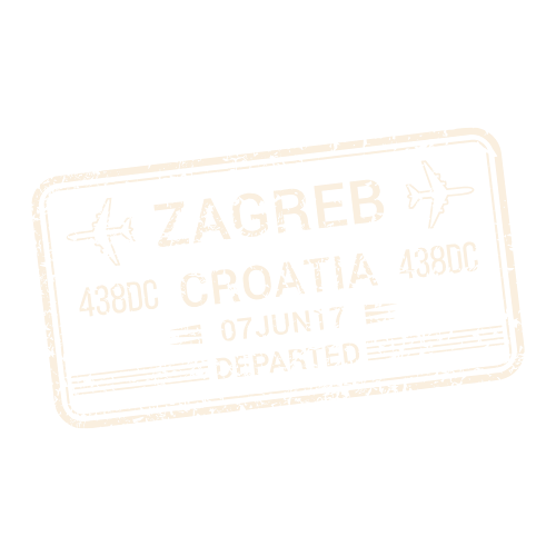 Design of an airport baggage claim sign with text for Zagreb, Croatia, with a flight destination, temperature, departure status, and airplane icons.