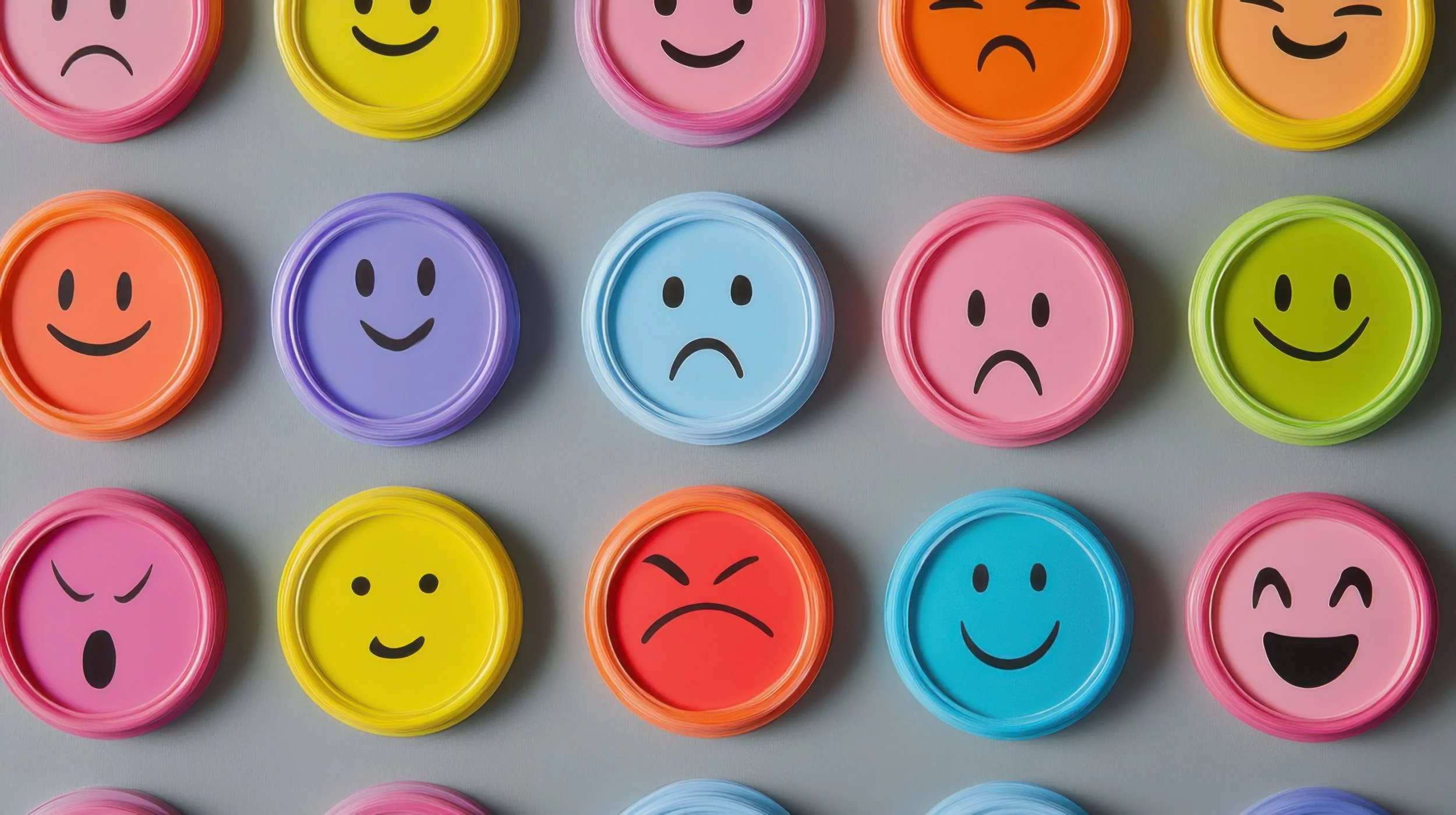 Colorful stackable discs with various facial expressions representing different emotions, on a light gray background.