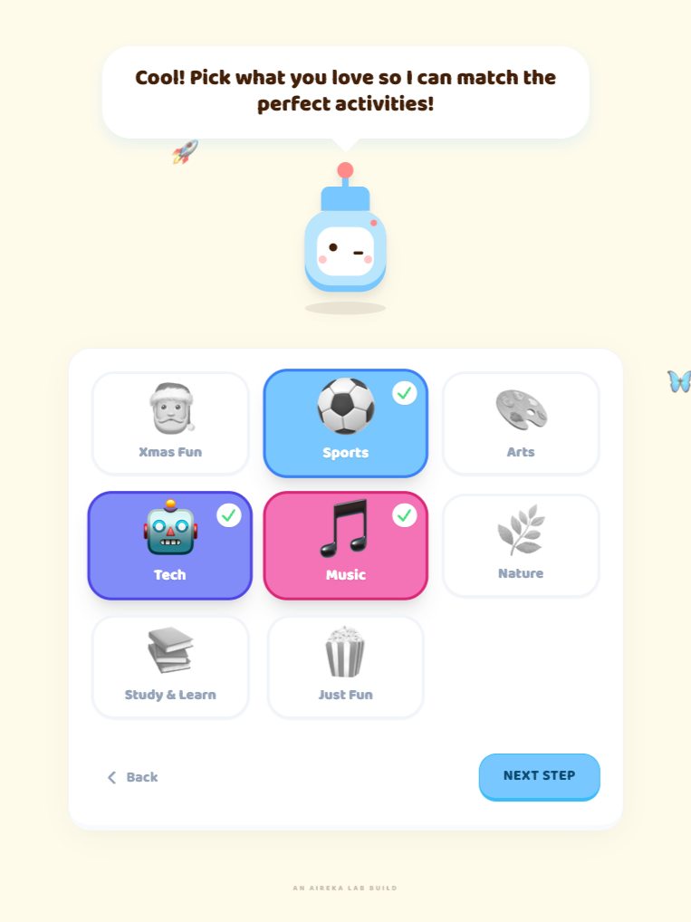 Screenshot of a digital prototype allowing users to select interests and activities.