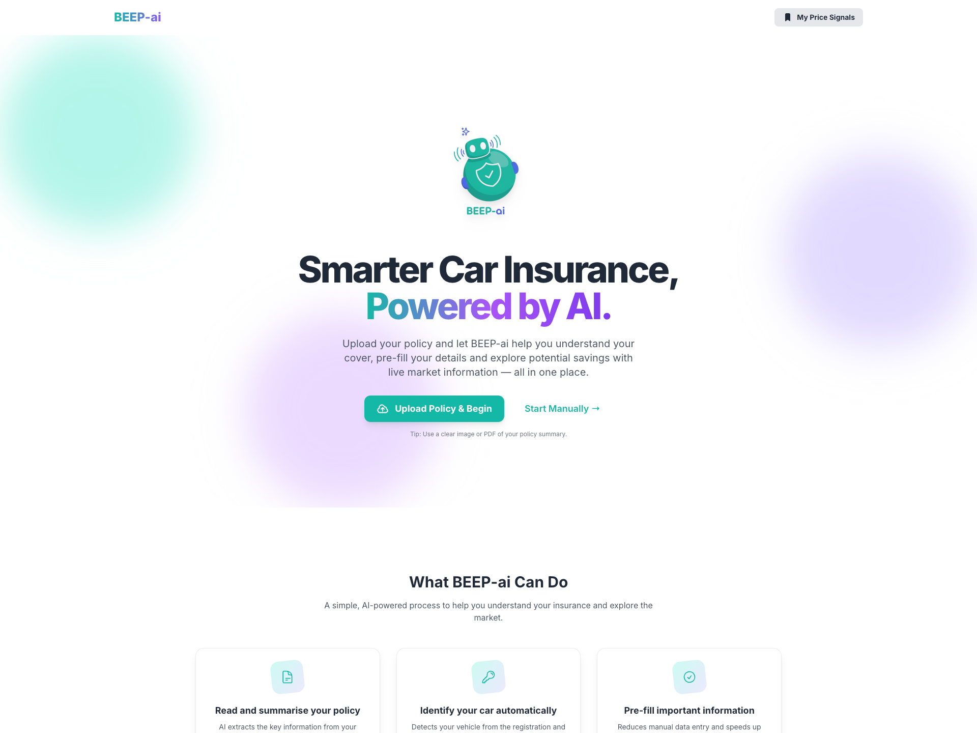 Screenshot of BEEP-ai, an applied AI prototype that simplifies motor insurance journeys through document upload and AI analysis.
