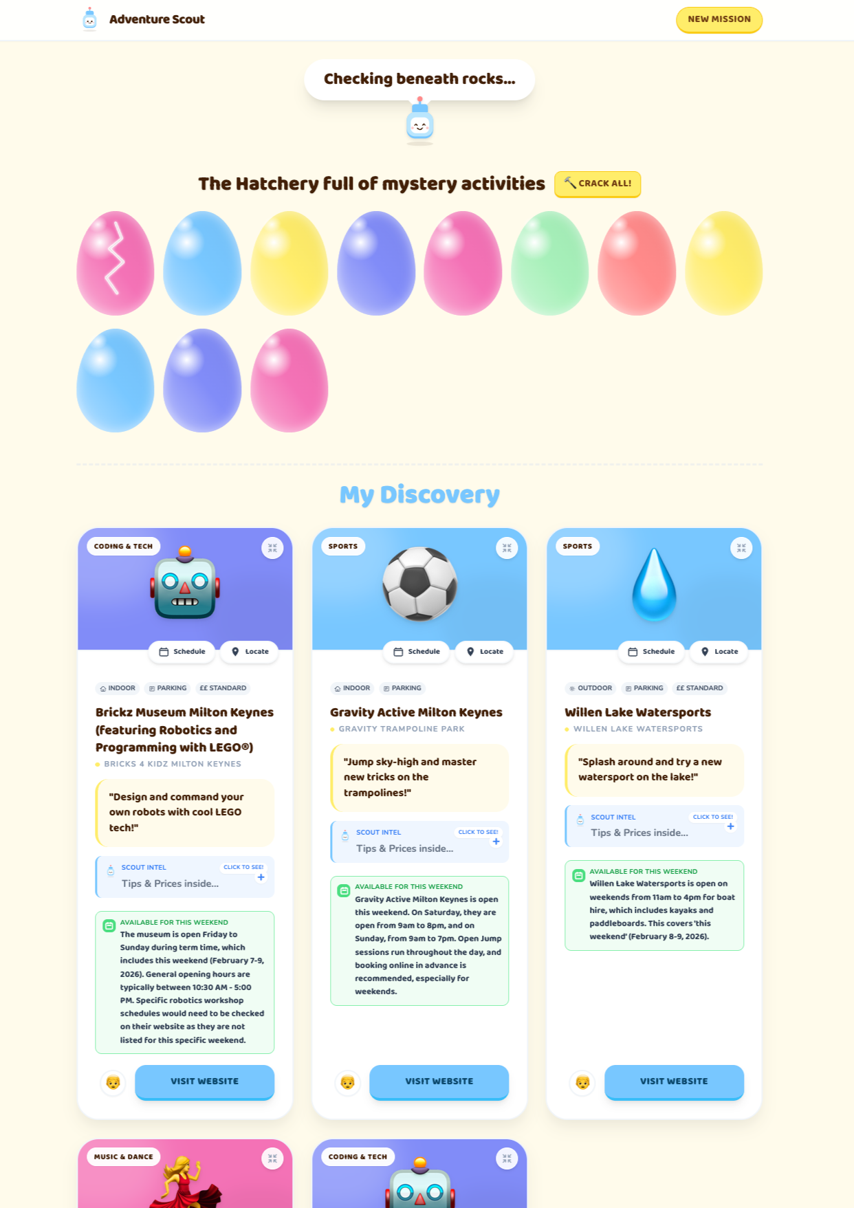 Screenshot of a digital prototype presenting activity discovery cards for children.