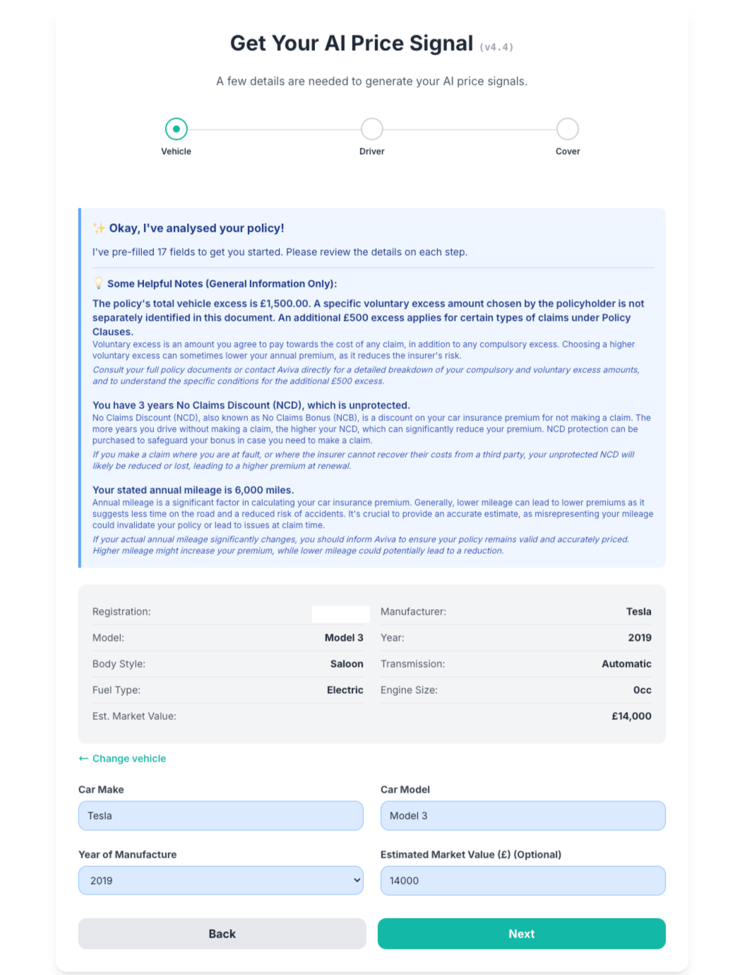 Screenshot of an applied AI prototype generating an insurance price signal from existing policy and vehicle data.