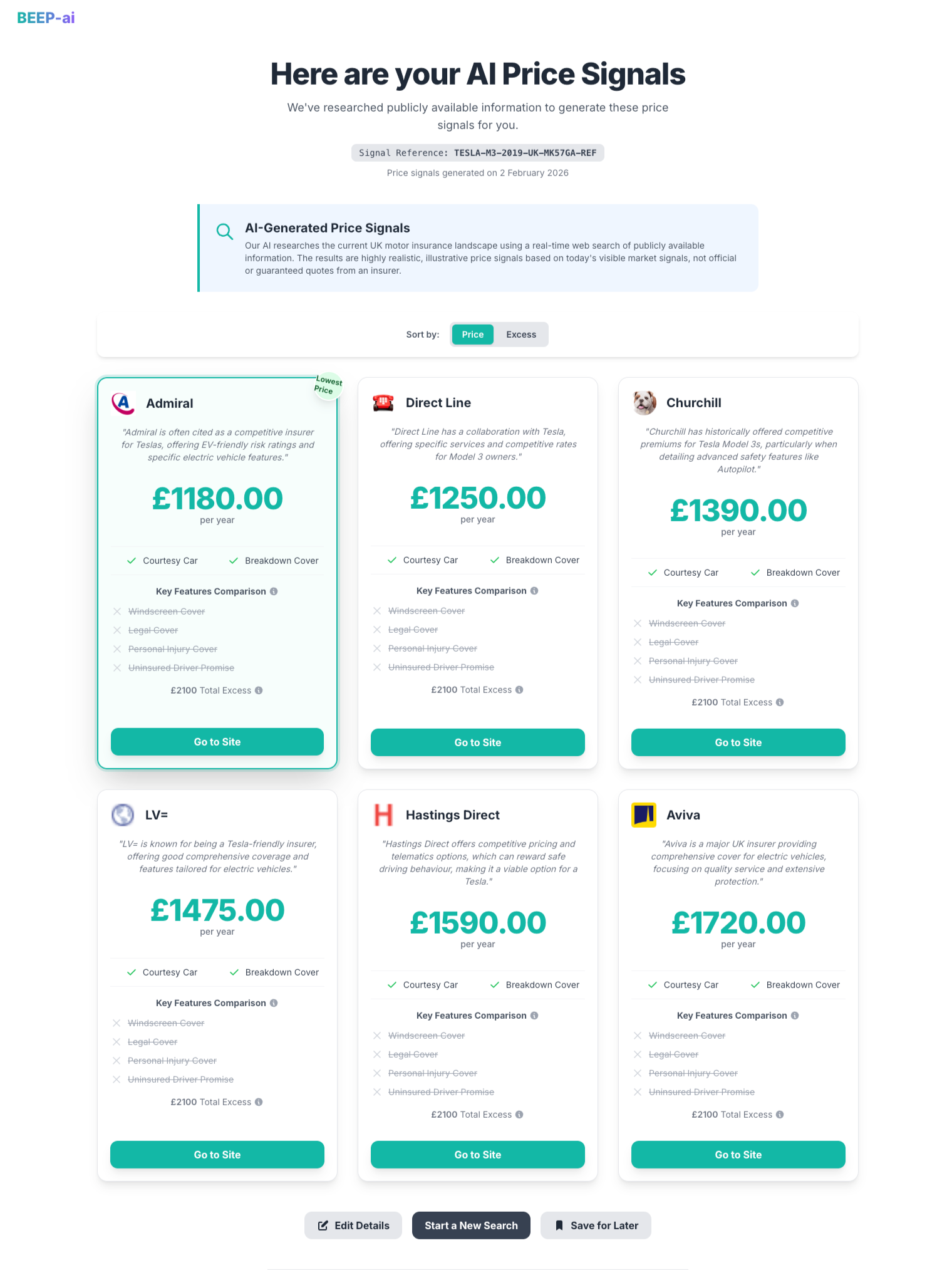Screenshot of an applied AI prototype showing insurance price signals from multiple providers.