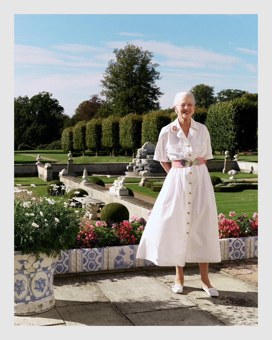 Queen Margrethe II photographed in the royal garden